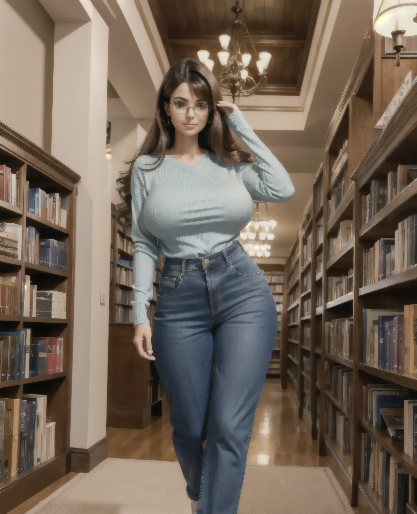 sfw, soft lighting, young Victoria Justice agreed 18, (extremely tall figure:1.25), melancholy, long shot, wide angle, full body shot, geeky glasses, very long legs, walking, symmetric breasts, full body view, librarian, auburn hair, long pants, pastel scoop-neck knit blouse, long sleeves, (big huge giant massive gigantic enormous colossal breasts:1.4), bookshelves, library, (extremely long full big hair:1.25)