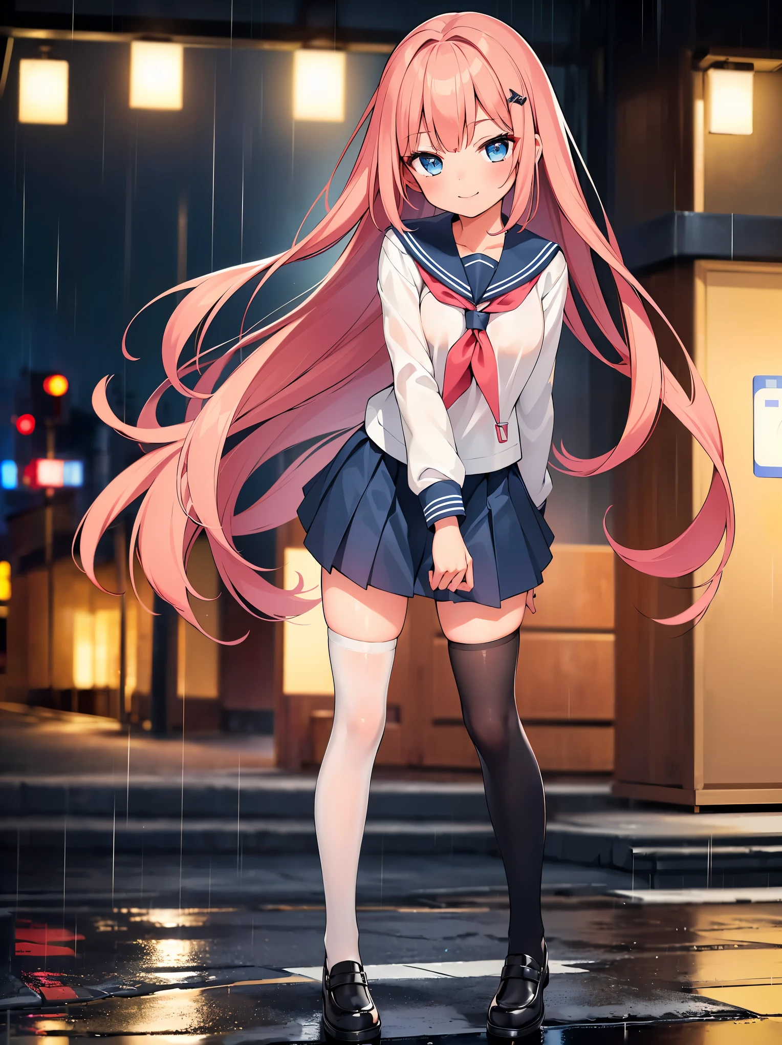 (In 8K, 生photograph, 最high quality, Tabletop: 1.2), High resolutionRAWカラーphotograph, Professional photograph, Cinematic Light, (And soul:1.2), (1 Female), (Colorful Hair, Wavy Hair), (最high quality:1.2), Wet body, Glossy Lips, smile, clavicle, Pretty face, (Small face), Beautiful Eyes, Long eyelashes, Slender, Beautiful thigh expression, high school girl, High , Sailor suit, ((Wearing stockings)), (((Full Body Shot))),((Apply blush all over the face)), ((It rained, night)), Realistic, Very detailed, photograph, Tabletop, high quality, High resolution, Professional Lighting,