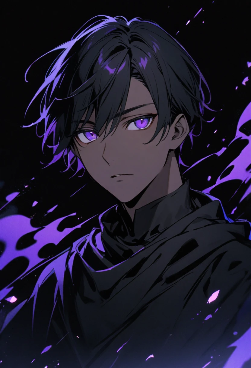 good looking, alone, male, short hair, Purple Flame, Light blue glowing eyes, Black hoodie