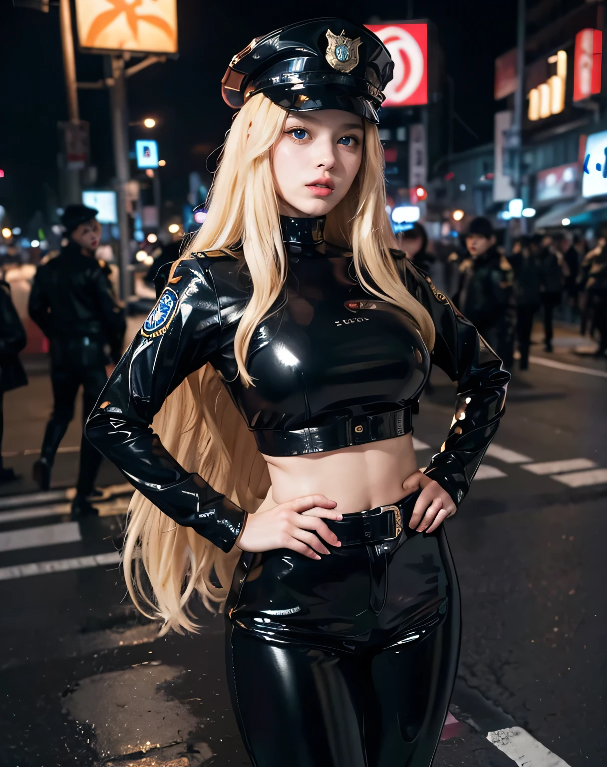 1个girl, (blue eyes), (angry face :1.2), (Sana Minatosaki), wide hips, big deal , big ass, (best quality, 8K, masterpiece: 1.3), Clear focus: 1.2, perfect body beautiful: 1.4, strong abdominal muscles :1.2, Highly detailed facial and skin textures, delicate eyes, double eyelids, (Eyes have black lines :1.1), red lips, (long blonde hair :1.2), Black latex pants, sexypolice, police shirt, police badge, police hat, girl, permanent, hands on hips :1.3, New York streets at night, blurred background