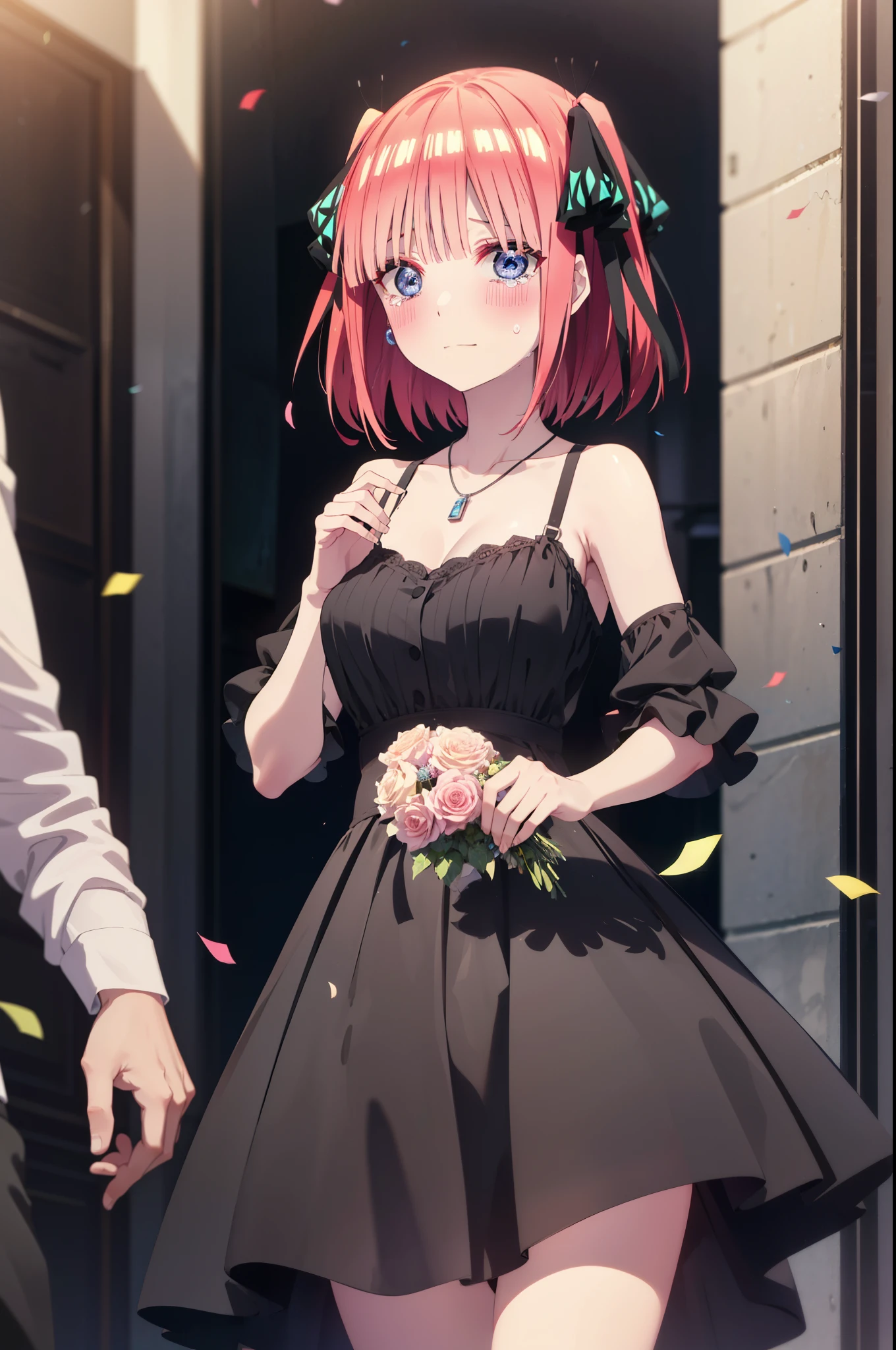 I was silent, Nino Nakano, short hair, bangs, blue eyes, hair ornaments, Hair Ribbon, Pink Hair, blunt bangs, Both sides up, butterfly hair ornaments,smile,blush,Black sleeveless dress,Long skirt,Black Pin Heels,Bare arms,Bare arms,Bare neck,bare clavicle,holding a large bouquet of flowers in each hand,Locket Necklace,Confetti,There is a birthday cake on the table,Tears stream down her face,Sad and crying,I cry a lot,It&#39;s as if your whole body is in the illustration.,
break indoors, on stage,venue,
break looking at viewer, (Cowboy Shot:1.5),
break (masterpiece:1.2), highest quality, High resolution, unity 8k wallpaper, (shape:0.8), (Beautiful details:1.6), Highly detailed face, Perfect lighting, Highly detailed CG, (Perfect hands, Perfect Anatomy),