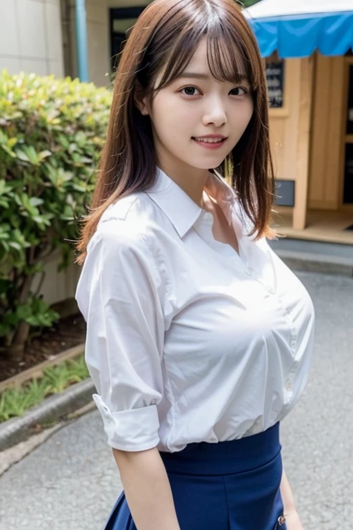 ((highest quality)), ((masterpiece)), (detailed), Perfect Face, smile, amusement park, Close up super slim waist, Huge breasts spilling out of her shirt, Accentuate larger breasts, Japan teenager, タイトな白いボタンダウンのBusiness shirts, Remove all buttons, Unbutton all the buttons on your shirt and open your chest wide, Deep cleavage、Wavy long hair, Navy blue tight skirt, Exposing large, protruding breasts, Pointed upper part of chest, Angle from the side,Business shirts, Upturned chest, Distinguish the shape of the left and right breasts clearly, The underboob is clearly visible, Look at me and smile, Her shirt clings tightly to the shape of her large breasts., 