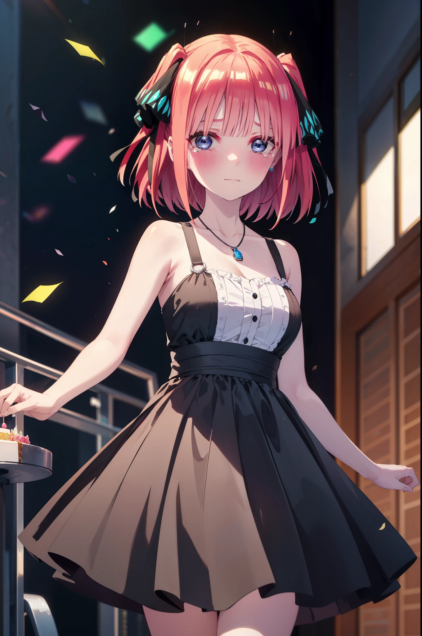 I was silent, Nino Nakano, short hair, bangs, blue eyes, hair ornaments, Hair Ribbon, Pink Hair, blunt bangs, Both sides up, butterfly hair ornaments,smile,blush,Black sleeveless dress,Long skirt,Black Pin Heels,Bare arms,Bare arms,Bare neck,bare clavicle,holding a large bouquet of flowers in each hand,Locket Necklace,Confetti,There is a birthday cake on the table,Tears stream down her face,Sad and crying,I cry a lot,It&#39;s as if your whole body is in the illustration.,
break indoors, on stage,venue,
break looking at viewer, (Cowboy Shot:1.5),
break (masterpiece:1.2), highest quality, High resolution, unity 8k wallpaper, (shape:0.8), (Beautiful details:1.6), Highly detailed face, Perfect lighting, Highly detailed CG, (Perfect hands, Perfect Anatomy),