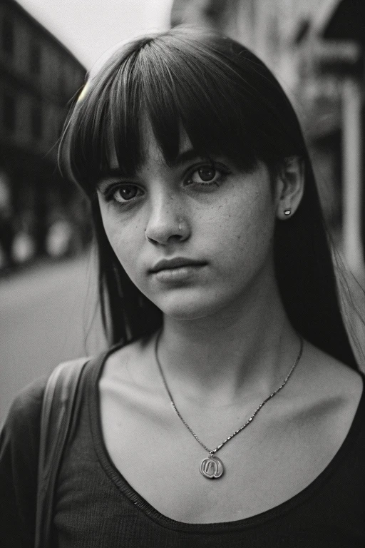 Portrait photography of young street girl with captivating eyes, long dark hair, fashionable clothing, staring into the camera, posing at street, film grain, depth of field, detailed photo, cinematic composed, monochrome, documentary photography, professional DSLR camera, natural lighting, street photography
