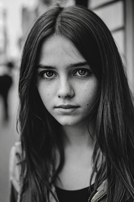 Portrait photography of young street girl with captivating eyes, long dark hair, fashionable clothing, staring into the camera, posing at street, film grain, depth of field, detailed photo, cinematic composed, monochrome, documentary photography, professional DSLR camera, natural lighting, street photography