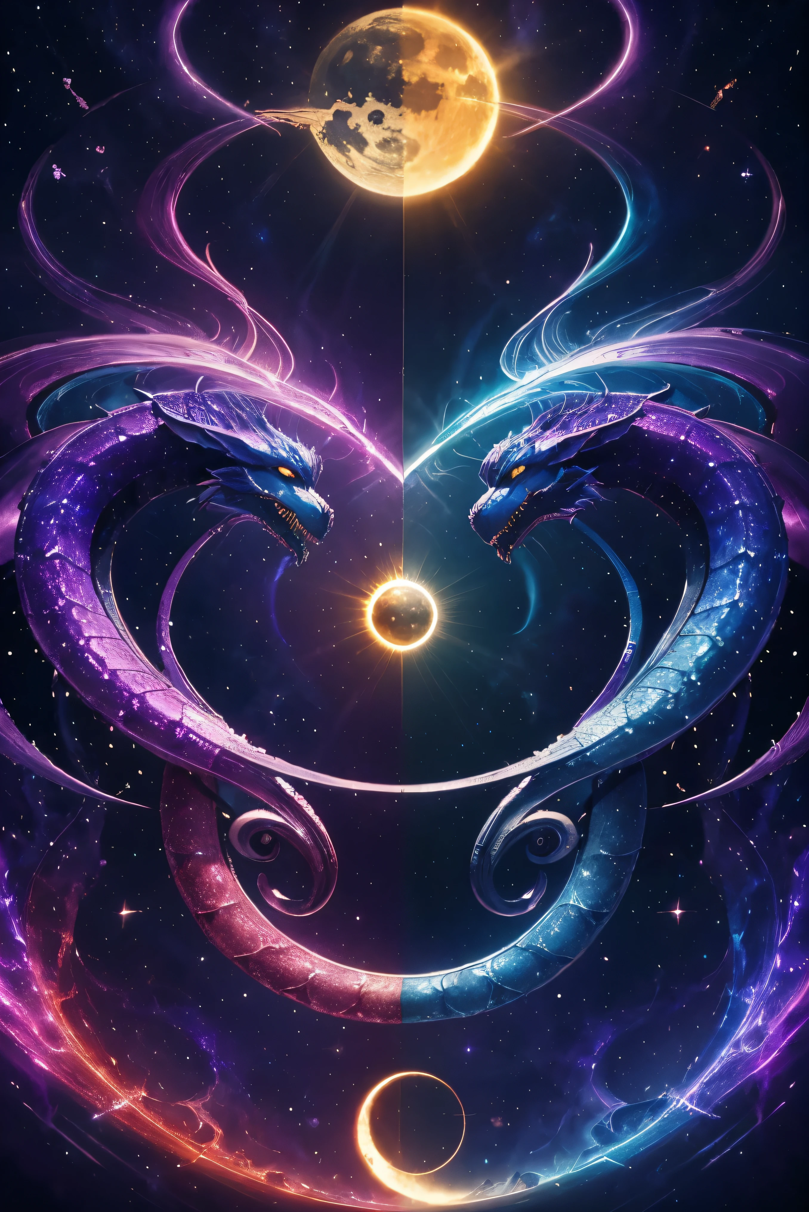 The eternal battle between god and big serpents, myth, The two sides intermingle, sun and moon, Harmonious purple and blue colors, swirl color, holographic, perfect gradation, fantastic, 8K,Best quality, masterpiece, ultra high res