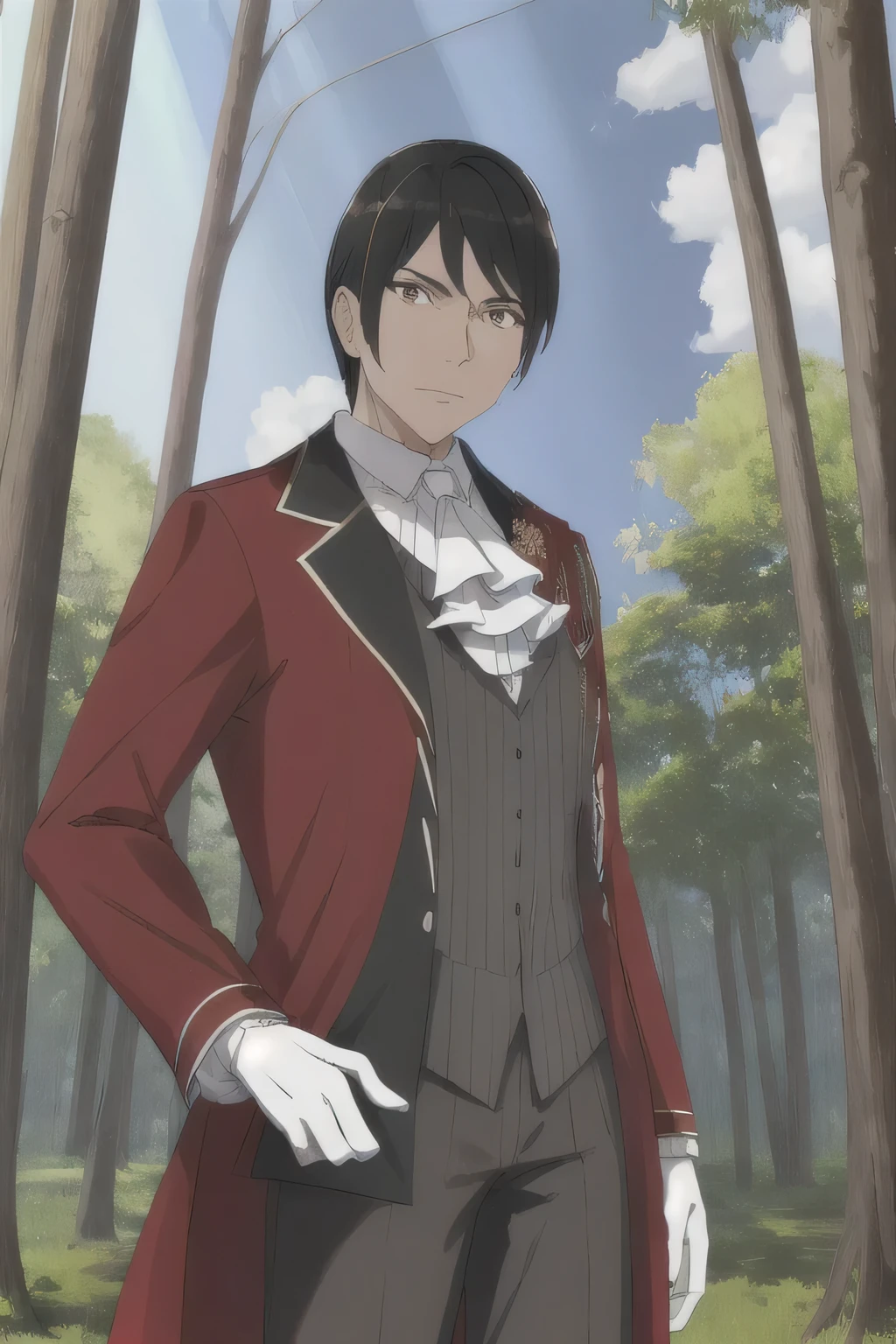 masterpiece, Best quality, Vincent, mature_male, male_focus, white_gloves, standing, black_hair, brown_eyes, red_coat, cowboy_shot, black_trousers, the forest, trees, rays of light