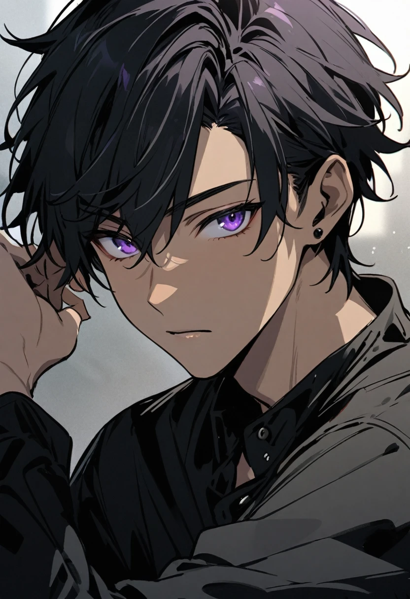 Handsome, solo, 1 male, short hair, black hair, purple eyes, black shirt, light tan skin