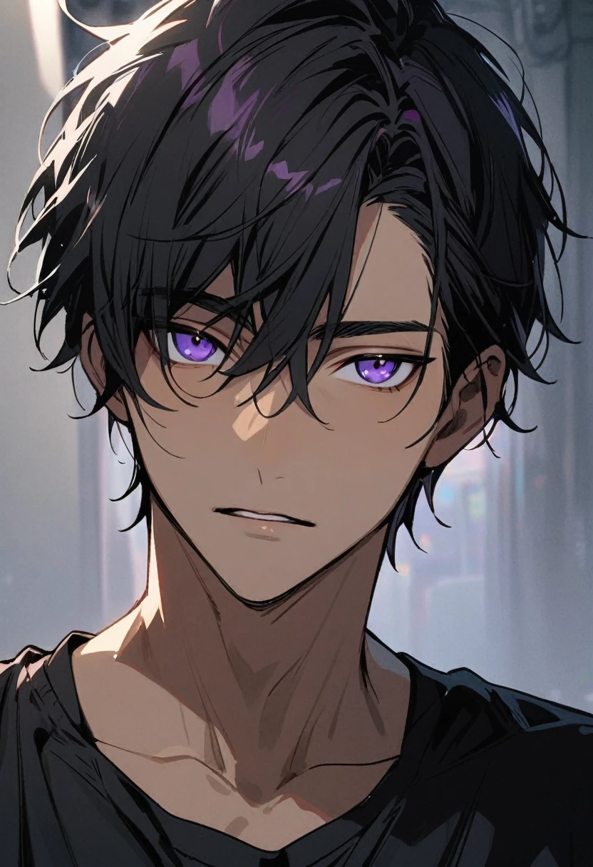 Handsome, solo, 1 male, short hair, black hair, purple eyes, black shirt,  light tan skin