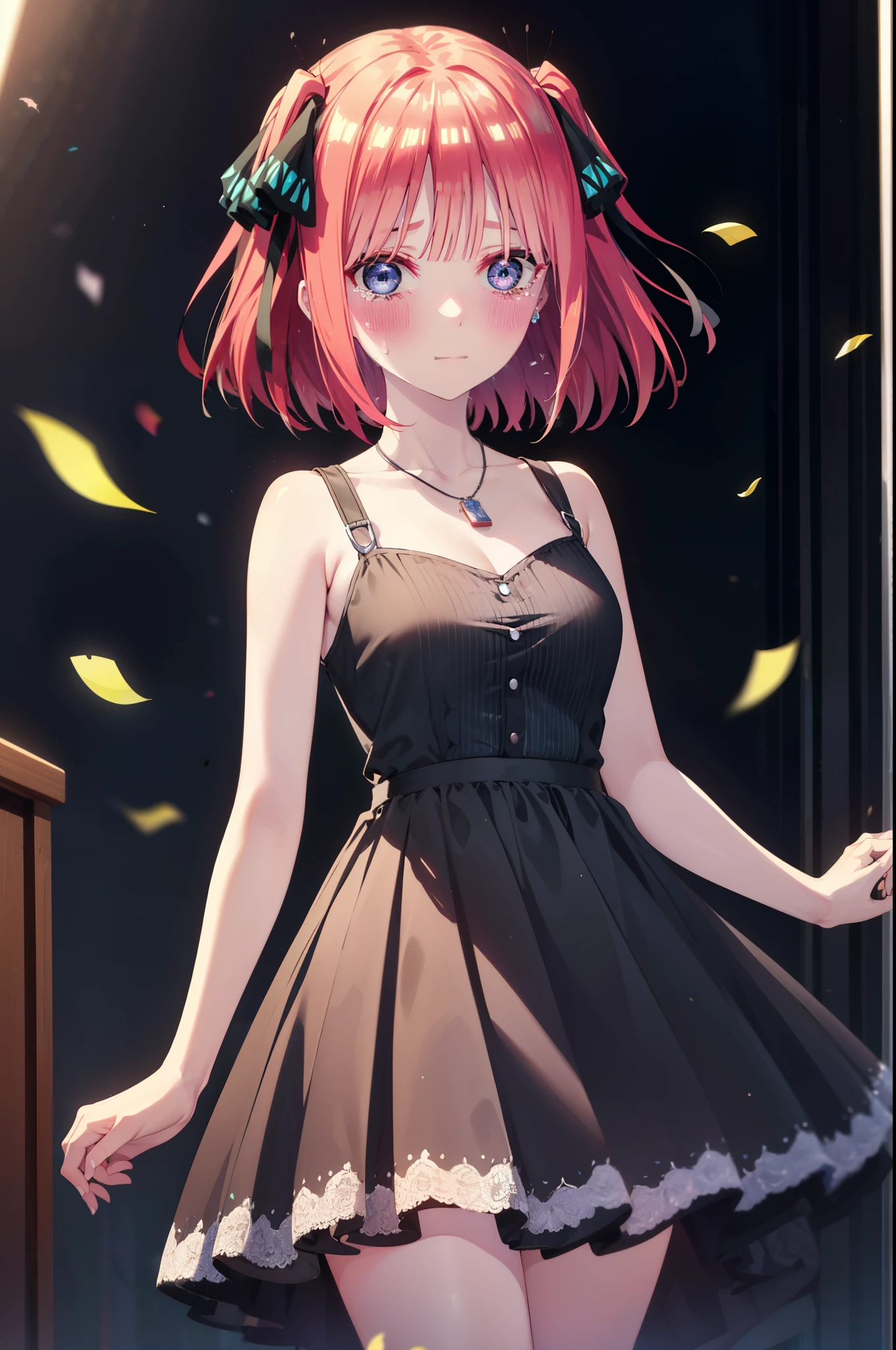 I was silent, Nino Nakano, short hair, bangs, blue eyes, hair ornaments, Hair Ribbon, Pink Hair, blunt bangs, Both sides up, butterfly hair ornaments,smile,blush,Black sleeveless dress,Long skirt,Black Pin Heels,Bare arms,Bare arms,Bare neck,bare clavicle,holding a large bouquet of flowers in each hand,Locket Necklace,Confetti,There is a birthday cake on the table,Tears stream down her face,Sad and crying,I cry a lot,It's as if your whole body is in the illustration.,
break indoors, on stage,venue,
break looking at viewer, (Cowboy Shot:1.5),
break (masterpiece:1.2), highest quality, High resolution, unity 8k wallpaper, (shape:0.8), (Beautiful details:1.6), Highly detailed face, Perfect lighting, Highly detailed CG, (Perfect hands, Perfect Anatomy),