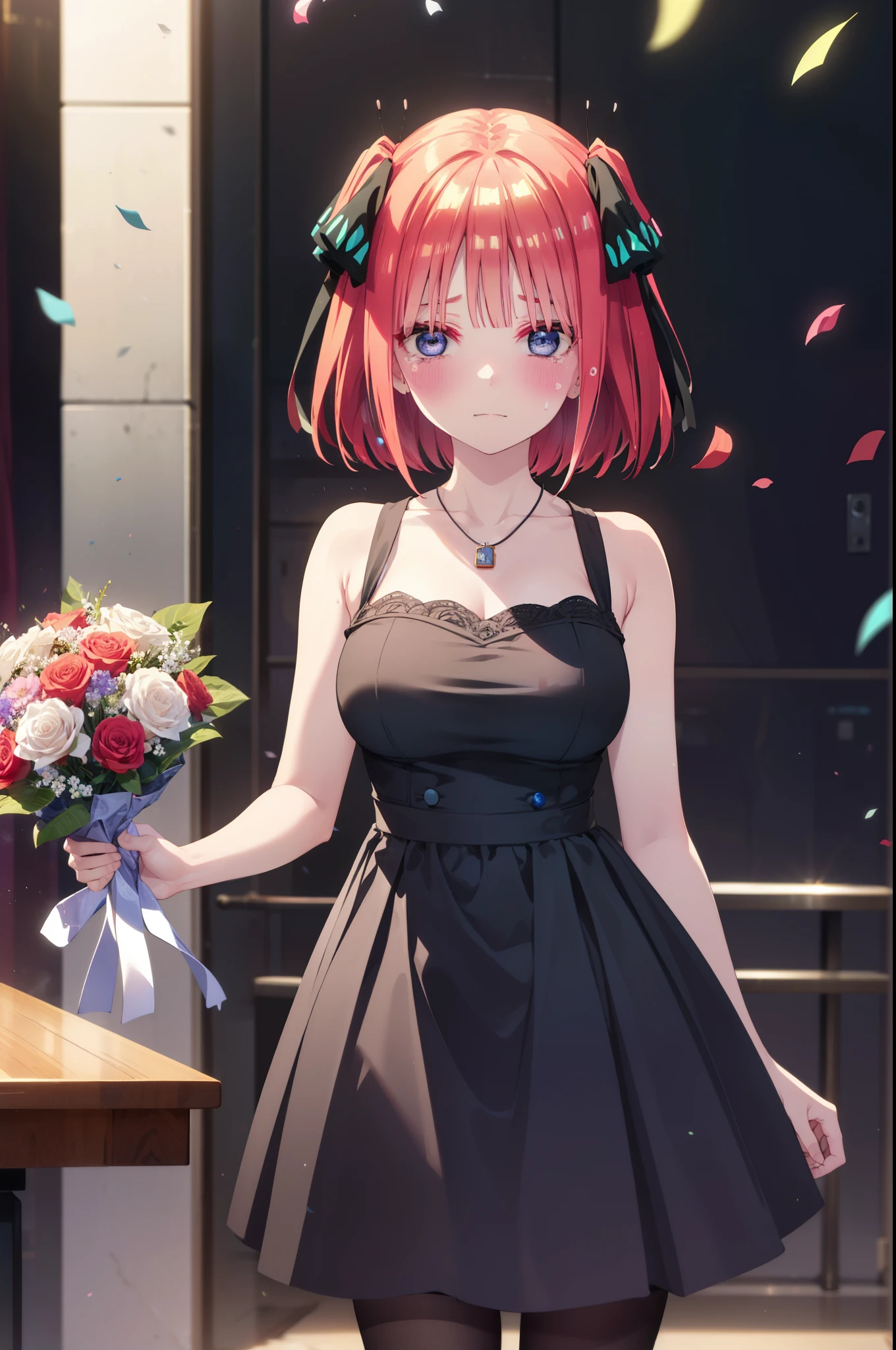 I was silent, Nino Nakano, short hair, bangs, blue eyes, hair ornaments, Hair Ribbon, Pink Hair, blunt bangs, Both sides up, butterfly hair ornaments,smile,blush,Black sleeveless dress,Long skirt,Black Pin Heels,Bare arms,Bare arms,Bare neck,bare clavicle,holding a large bouquet of flowers in each hand,Locket Necklace,Confetti,There is a birthday cake on the table,Tears stream down her face,Sad and crying,I cry a lot,It's as if your whole body is in the illustration.,
break indoors, on stage,venue,
break looking at viewer, (Cowboy Shot:1.5),
break (masterpiece:1.2), highest quality, High resolution, unity 8k wallpaper, (shape:0.8), (Beautiful details:1.6), Highly detailed face, Perfect lighting, Highly detailed CG, (Perfect hands, Perfect Anatomy),