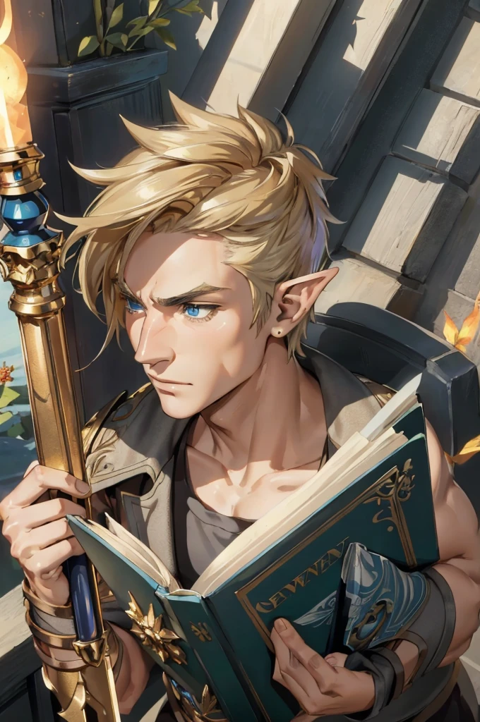 (masterpiece: 1.3), (max resolution: 1.2), (Ultra HDTV: 1.2), cinematographic light, 8K resolution, Detailed features, Elaborate facial structures, Half elf half human, More human than elf, Male, Short blonde Mohawk hair, DND cleric, Battle-worn, Intently reading a worn-out book, Studious, Green and silver ornate armor, Medium build, Wielding a one-handed mace, Muscular physique, Blue eyes, Serious yet happy face, Highly defined,

(Detailed facial structures: 1.2), (Elaborate ornate