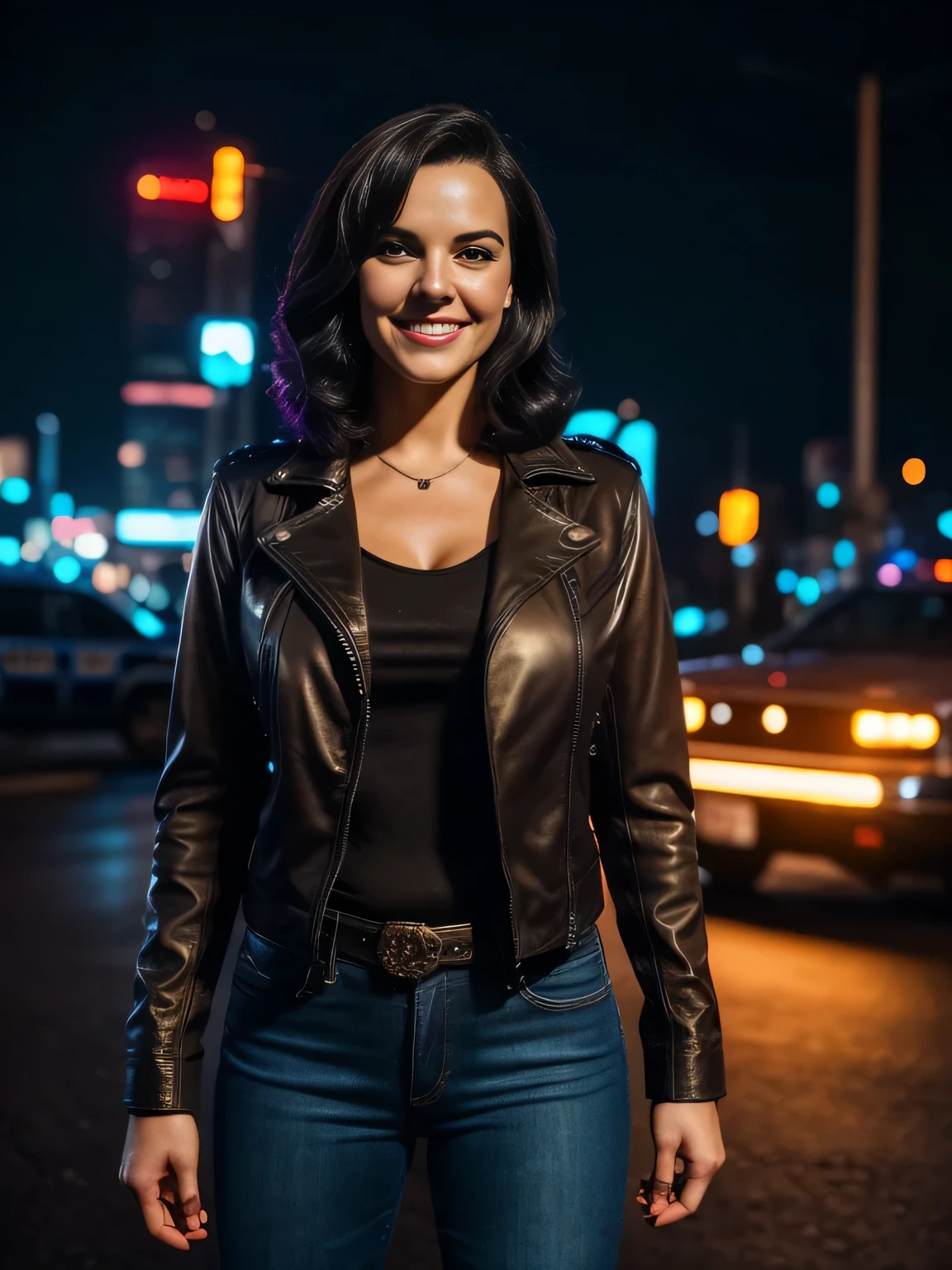 Portrait of (gldt:1.1) as a beautiful smiling Bettie pag, beautiful face, with short dark brown hair, in cyberpunk city at night. She is wearing a leather jacket, black jeans, dramatic lighting, (police badge)
