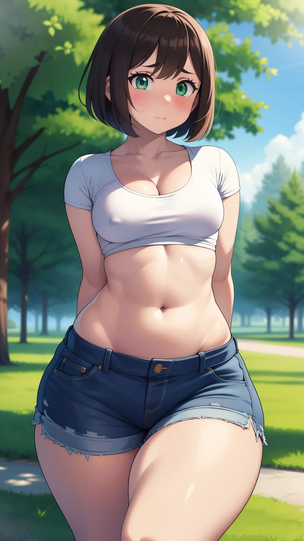 ((highres)), Masterpiece, high quality, best quality, beautiful, perfect lighting, detailed face, ultra cute face, cowboy shot, ((1girl)), ((solo)),

Short hair, fluffy hair, brown hair, green eyes, ((blush)), nervous, shy, looking at viewer, arms behind back, crop top, shorts, ((thick thighs)), (wide hips), bottom heavy, cleavage, (small breasts), 

20 year old female, standing in a park, (park), daytime,
