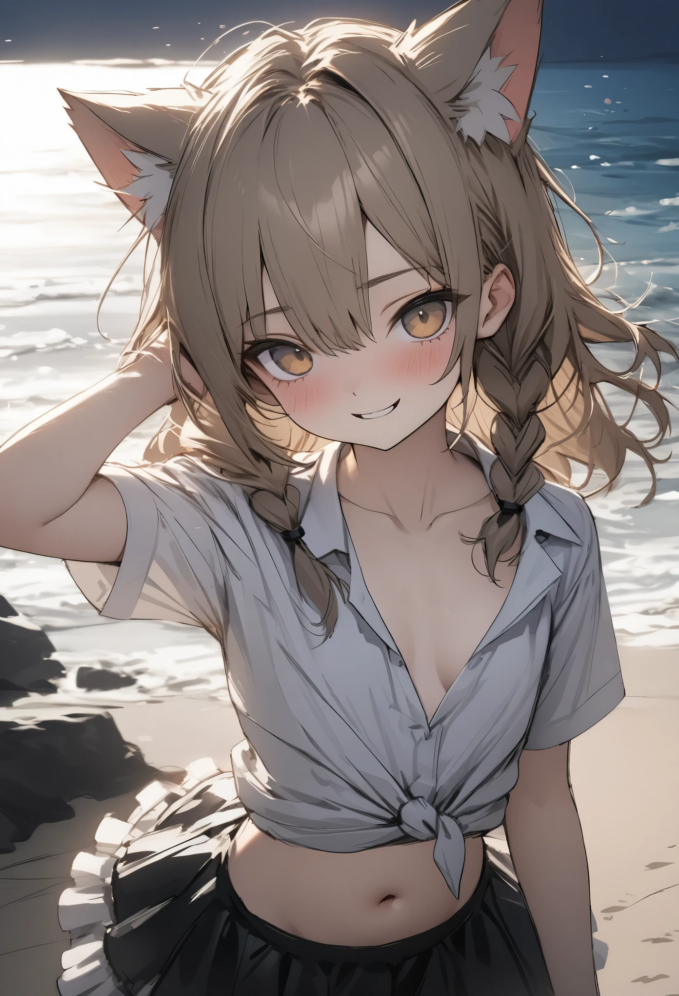 ((Masterpiece)), ((best quality)), (Rough sketch:1.4), super detail, (High Definition:1.3), (Professional Photography:1.3), ((12 years old)), 1girl, cinematic lighting, Textured skin, (cat ears), pale brown hair, messy medium hair, Cute Beautiful teenage girl, BREAK, ((best quality)), (ccurate), (front tied shirt:1.3), cleavage, exposed neck, ??????, (open necked white shirt), (exposed neck), slendar body, small ??????, (short braided hair), (Wearing tutu skirt), (hyper deformed face:1.3), evil smile, (Purple Unfocused eyes), beautiful collarbones, (slightly exposed cute navel), BREAK, ((best quality)), arm up, (on the Beautiful coast),