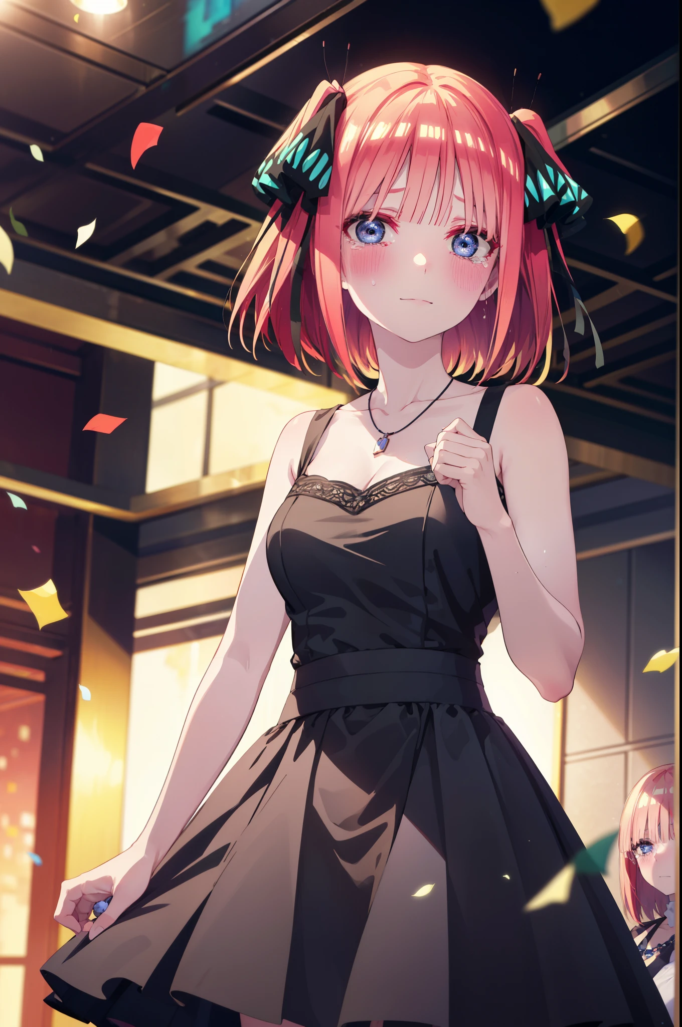 I was silent, Nino Nakano, short hair, bangs, blue eyes, hair ornaments, Hair Ribbon, Pink Hair, blunt bangs, Both sides up, butterfly hair ornaments,smile,blush,Black sleeveless dress,Long skirt,Black Pin Heels,Bare arms,Bare arms,Bare neck,bare clavicle,holding a large bouquet of flowers in each hand,Locket Necklace,Confetti,There is a birthday cake on the table,Tears stream down her face,Sad and crying,I cry a lot,It&#39;s as if your whole body is in the illustration.,
break indoors, on stage,venue,
break looking at viewer, (Cowboy Shot:1.5),
break (masterpiece:1.2), highest quality, High resolution, unity 8k wallpaper, (shape:0.8), (Beautiful details:1.6), Highly detailed face, Perfect lighting, Highly detailed CG, (Perfect hands, Perfect Anatomy),