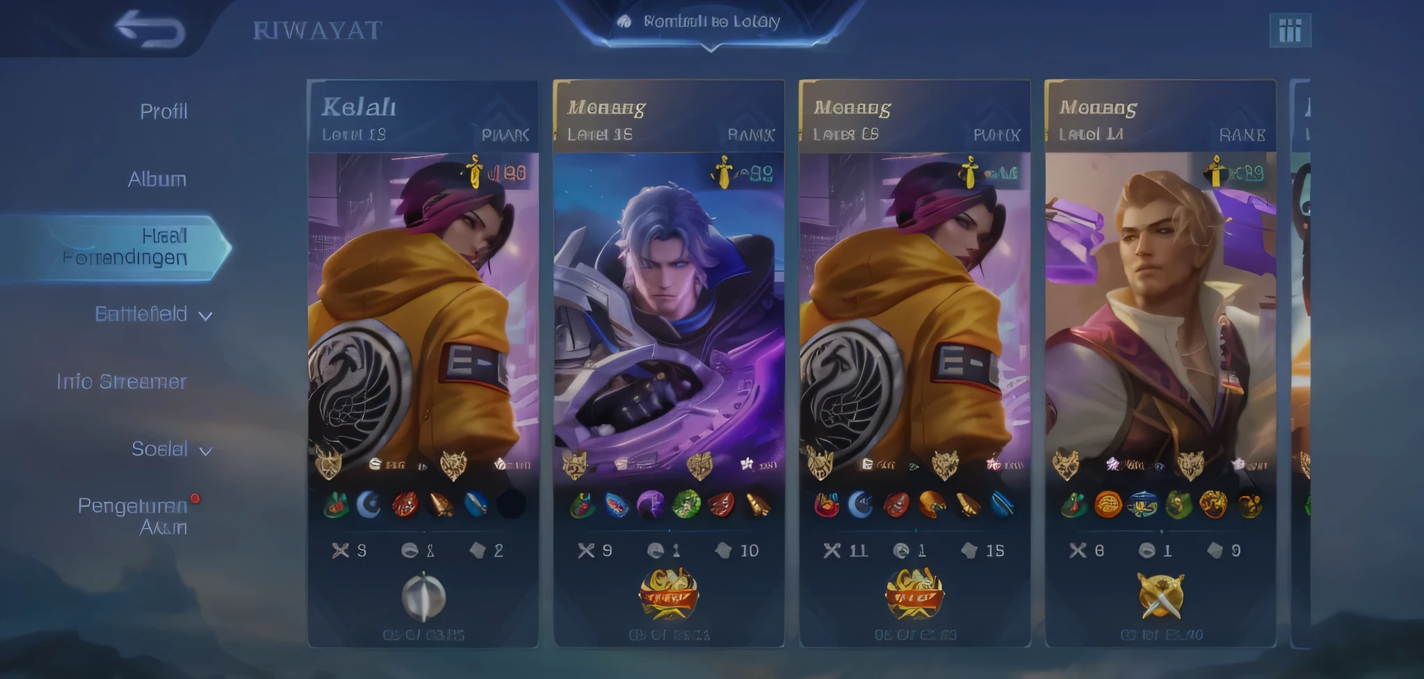 a close up of a screen shot of a game with a lot of characters, mobile legends, tane skin, wild rift, ui card, olchas logan cure liang xing, full protrait, heise jinyao, sylas, ig model | artgerm, raziel irl, g liulian art style, leblanc, ability image, style league of legends