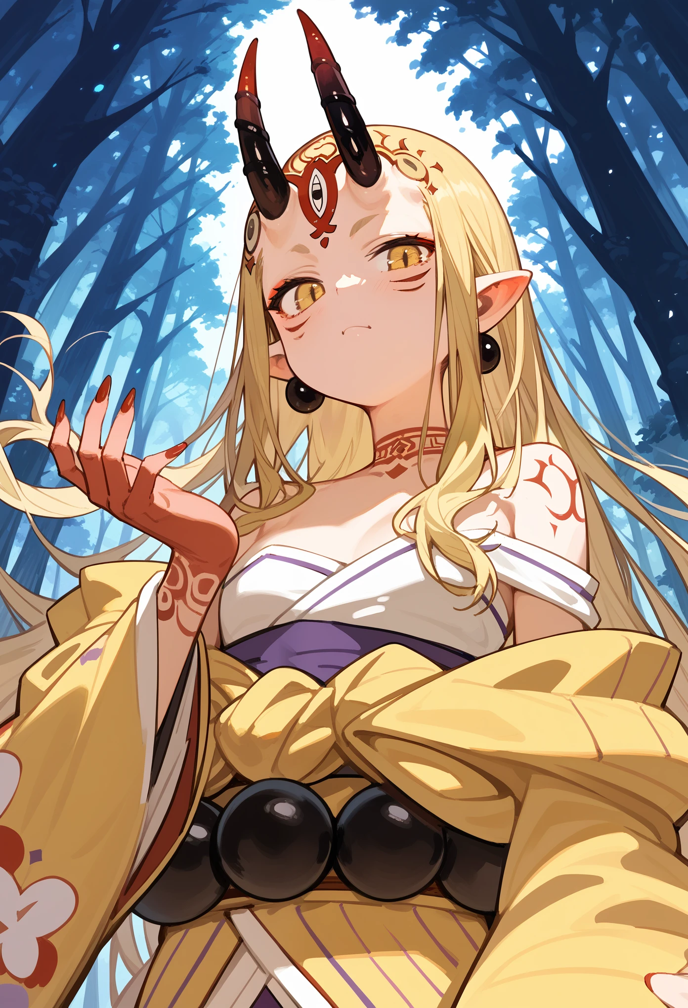 masterpiece, best quality, zoom out, (score_9, score_8_up, score_7_up), 1girl, solo, upper body, long hair, blonde hair, sidelocks, yellow eyes, pointy ears, facial mark, tattoo, forehead mark, red arms, fingernails, delicate hands, oni, horns, innexpressive, looking at viewer, japanese clothes, yellow kimono, short kimono, earrings, jewelry, beads, off-shoulder, wide sleeves, sfw, hand over hair, red hand, curvy, below view, forest, night-time, best quality