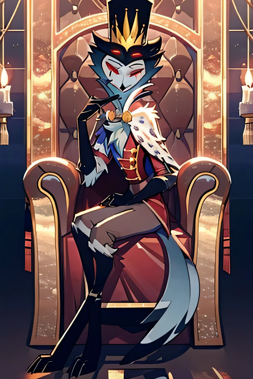 (furry art, upload on e621), ((stolas)), (anthro, furry), closed mouth, sfw, (red tunic, crown, grey pants, black gloves, elbow gloves, white fur collar, (top hat), cape), hat, (throne background), sitting on throne, short hair, black hair, white face, four eyes, girly, (skinny), closed mouth, smirk, red eyes, 1boy, black legs, solo, extra eyes, (tall), (sitting), by braeburned, by zackary911, by r-mk,
