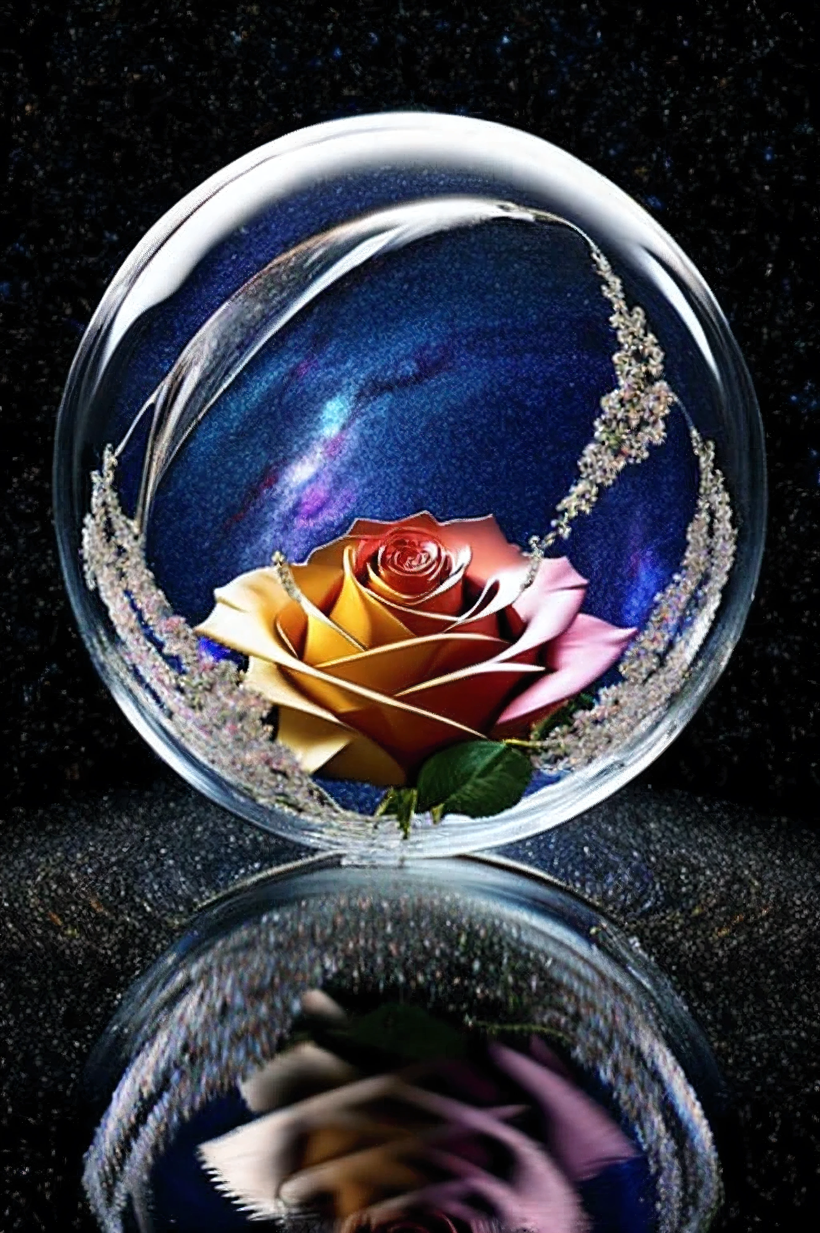 8K,Best quality, masterpiece, ultra high res, (background, symmetrical, crystallization,Beautiful detailed), (((1 big colorful rose, geometric pattern, beautiful gradation))), (((bubble art, perfect circle, Bubble is floating in galaxy))), diamond world, crystallization flower,ice theme, starry sky, holographic, heaven gate