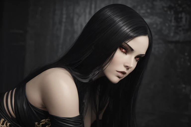 masterpiece, Ultra realistic, 16k, high quality, incredibly detailed, nightmare aesthetic, nightmare atmosphere, cinematic, work of art, (sharp focus: 1.5), (photorealistic: 1.3), featured (Beautiful girl), a captivating image of a vampire (girl) that combines allure and mystique. Tall and gorgeous, goth makeup. A vampire from within the confines of a dark gothic castle. Its appearance is both seductive and sinister, a seductive incarnation of the night. Long pale-obsidian Messy hair, framing her pale, alabaster skin that seems to glow ethereally. Her attire is gothic, a perfect fusion of dark allure and a figure-hugging silhouette that highlights her voluptuous form. Red eyes (evil eyes look), her eyes are like red orbs of intense of sinister light. The vampire's sharp fangs, gleaming against his ivory complexion, hint at his predatory nature and his otherworldly beauty. realistic skin texture, pale-white skin illuminated. realistic perfect shading. absurdres, realistic textures. solo, alone, 1girl. tall. looking at viewer. female muscular body, toned body, defined muscles. realistic natural breasts, cleavage. pantyhose, (a black) darkness queen dress adorned in gold (realistic texture). standing, different positions at different angles. Night background. unbelievably real, best quality, Photorealistic.