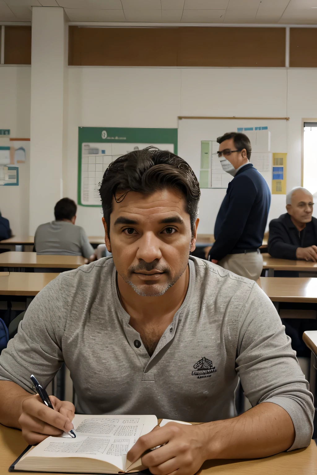 create the image of a man of approximately 35 years, en el caracter de docente en un aula con 35 alumnos que se encuentran mirando el pizarron, todos ellos con cuadernos