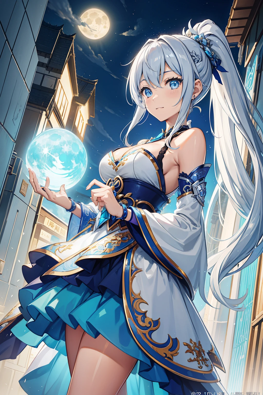 Two enchanting Manga characters proudly display their moon-themed costumes on bustling city streets, inspired by Hong Ren's captivating portrait. Expanding the scene's popular appeal in CG society, Koqing from Genshin Impact dons silver ice reflective armor, while Ayaka exhibits radiant blue accent costumes.
Character 1 (Koqing):
Ultra-detailed, Realistic, 4K, HDR, exceptionally toned figure, long silver hair tied back in a ponytail, adorned with iconic moon motifs, silver ice reflective armor covering his outfit, intricately designed armor with blue accents