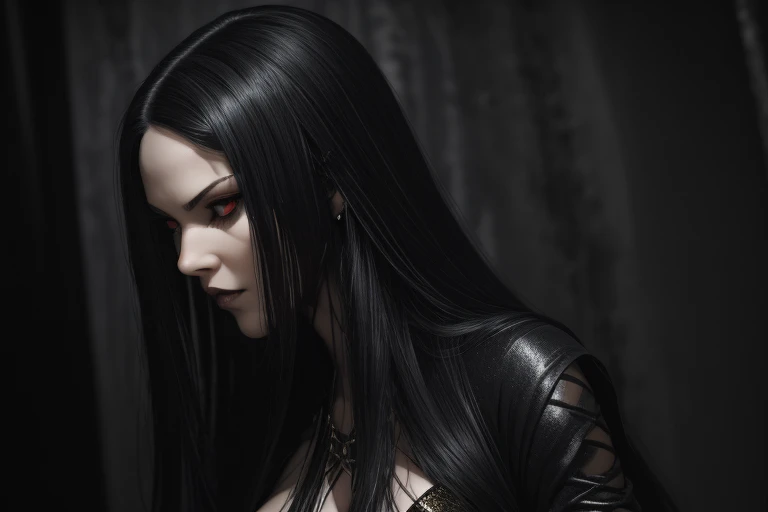 masterpiece, Ultra realistic, 16k, high quality, incredibly detailed, nightmare aesthetic, nightmare atmosphere, cinematic, work of art, (sharp focus: 1.5), (photorealistic: 1.3), featured (Beautiful girl), a captivating image of a vampire (girl) that combines allure and mystique. Tall and gorgeous, goth makeup. A vampire from within the confines of a dark gothic castle. Its appearance is both seductive and sinister, a seductive incarnation of the night. Long pale-obsidian Messy hair, framing her pale, alabaster skin that seems to glow ethereally. Her attire is gothic, a perfect fusion of dark allure and a figure-hugging silhouette that highlights her voluptuous form. Red eyes (evil eyes look), her eyes are like red orbs of intense of sinister light. The vampire's sharp fangs, gleaming against his ivory complexion, hint at his predatory nature and his otherworldly beauty. realistic skin texture, pale-white skin illuminated. realistic perfect shading. absurdres, realistic textures. solo, alone, 1girl. tall. looking at viewer. female muscular body, toned body, defined muscles. realistic natural breasts, cleavage. pantyhose, (a black) darkness queen dress adorned in gold (realistic texture). In Different positions at different angles. Night background. unbelievably real, best quality, Photorealistic.