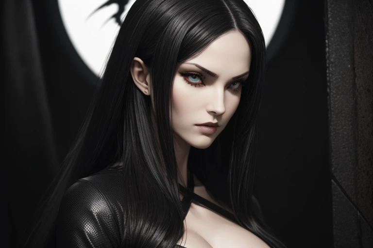 masterpiece, Ultra realistic, 16k, high quality, incredibly detailed, nightmare aesthetic, nightmare atmosphere, cinematic, work of art, (sharp focus: 1.5), (photorealistic: 1.3), featured (Beautiful girl), a captivating image of a vampire (girl) that combines allure and mystique. Tall and gorgeous, goth makeup. A vampire from within the confines of a dark gothic castle. Its appearance is both seductive and sinister, a seductive incarnation of the night. Long pale-obsidian Messy hair, framing her pale, alabaster skin that seems to glow ethereally. Her attire is gothic, a perfect fusion of dark allure and a figure-hugging silhouette that highlights her voluptuous form. Red eyes (evil eyes look), her eyes are like red orbs of intense of sinister light. The vampire's sharp fangs, gleaming against his ivory complexion, hint at his predatory nature and his otherworldly beauty. realistic skin texture, pale-white skin illuminated. realistic perfect shading. absurdres, realistic textures. solo, alone, 1girl. tall. looking at viewer. female muscular body, toned body, defined muscles. realistic natural breasts, cleavage. pantyhose, (a black) darkness queen dress adorned in gold (realistic texture). Different positions at different angles. Night background. unbelievably real, best quality, Photorealistic.