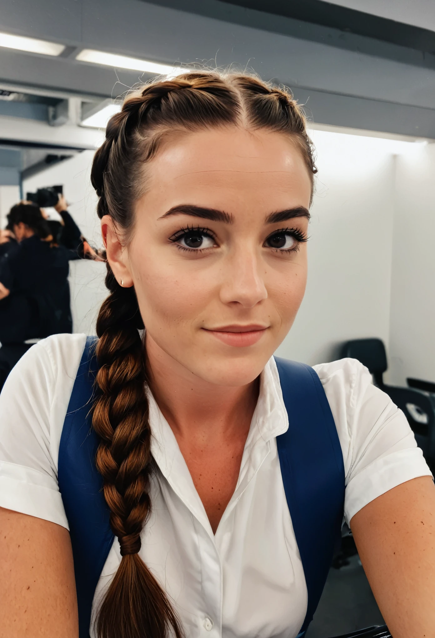 amateur cellphone photography woman with Dark brown French braid hair at flight school, (freckles:0.5) . f8.0, samsung galaxy, noise, jpeg artefacts, poor lighting, low light, underexposed, high contrast