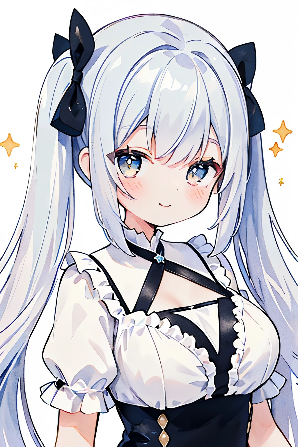 (top-quality、8K、32K、masterpiece、nffsw:1.2)、((Photo of silver-eyed woman with bright silverhair with cute smile:1.3))、((Horizontal twin tails tied with a black ribbon:2))、、(PastelColors:1.3)、(Cute illustration:1.3)、(watercolor paiting:1.1)、whitebackground, simple, Pastel palette, pale color, Innocent, Cute, dreamy, yume kawaii, Soaring high, dressstyle, sweetLolita, cherry bob, pinkfairy, Sparkle, glitter, jewel eyes, beautiful arrangement of motifs, (ruffle dress、big ribbon decoration、large full breasts、inside 、Look around、A smile