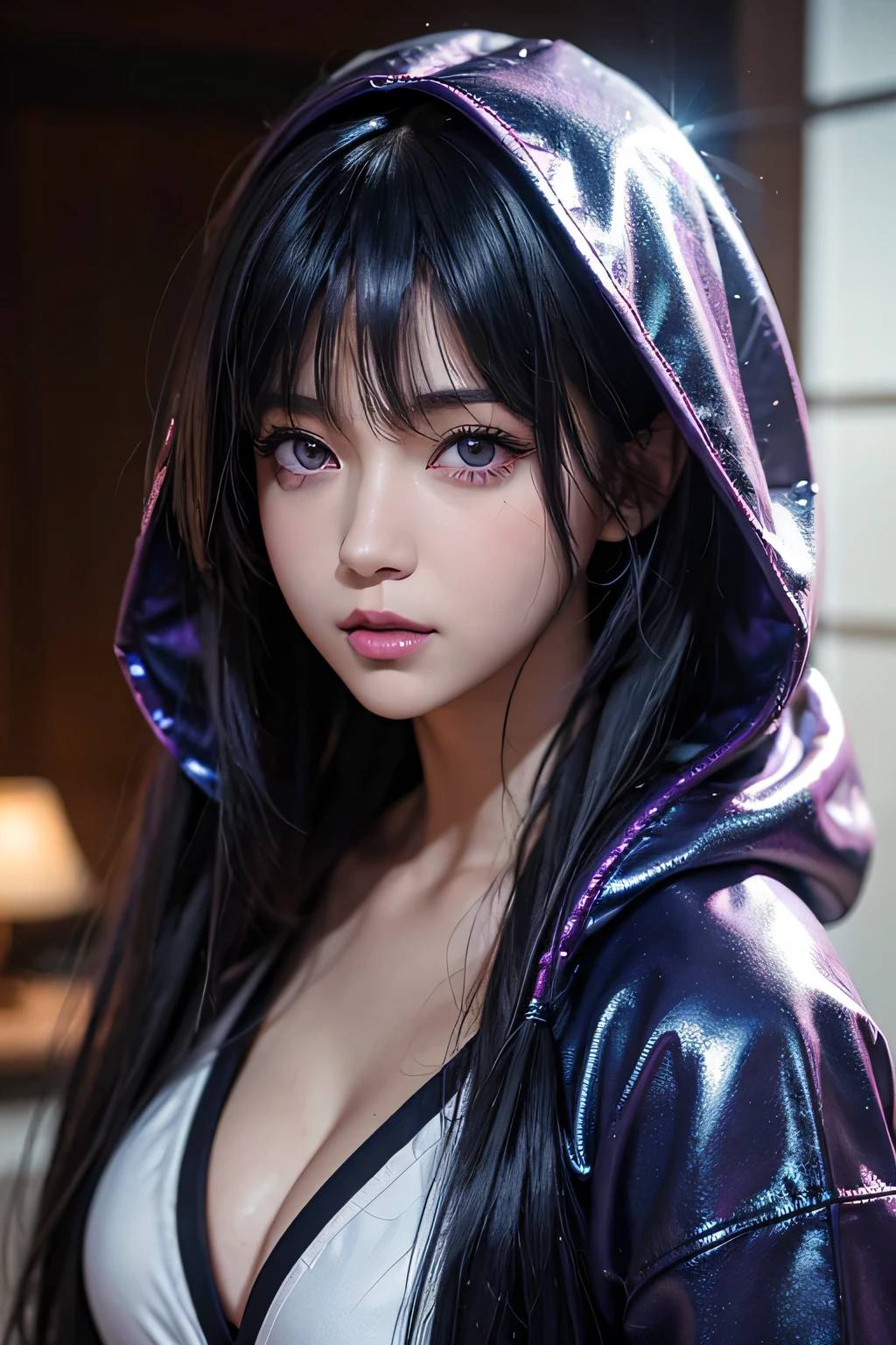 a close up of a person with long hair with bangand a hoodie, hyuga hyuga, hinata hyuga from naruto, from naruto, as an anime character, Perfect anime face, She has dark blue hair,By bangs, female anime character, Anime figure, anime best girl, Seasonal haircuts, Dark blue hair, (Ruddy and shiny lips:1.3), Light purple eyes, Big breasts, Realistic, Ultra detail, indoor background