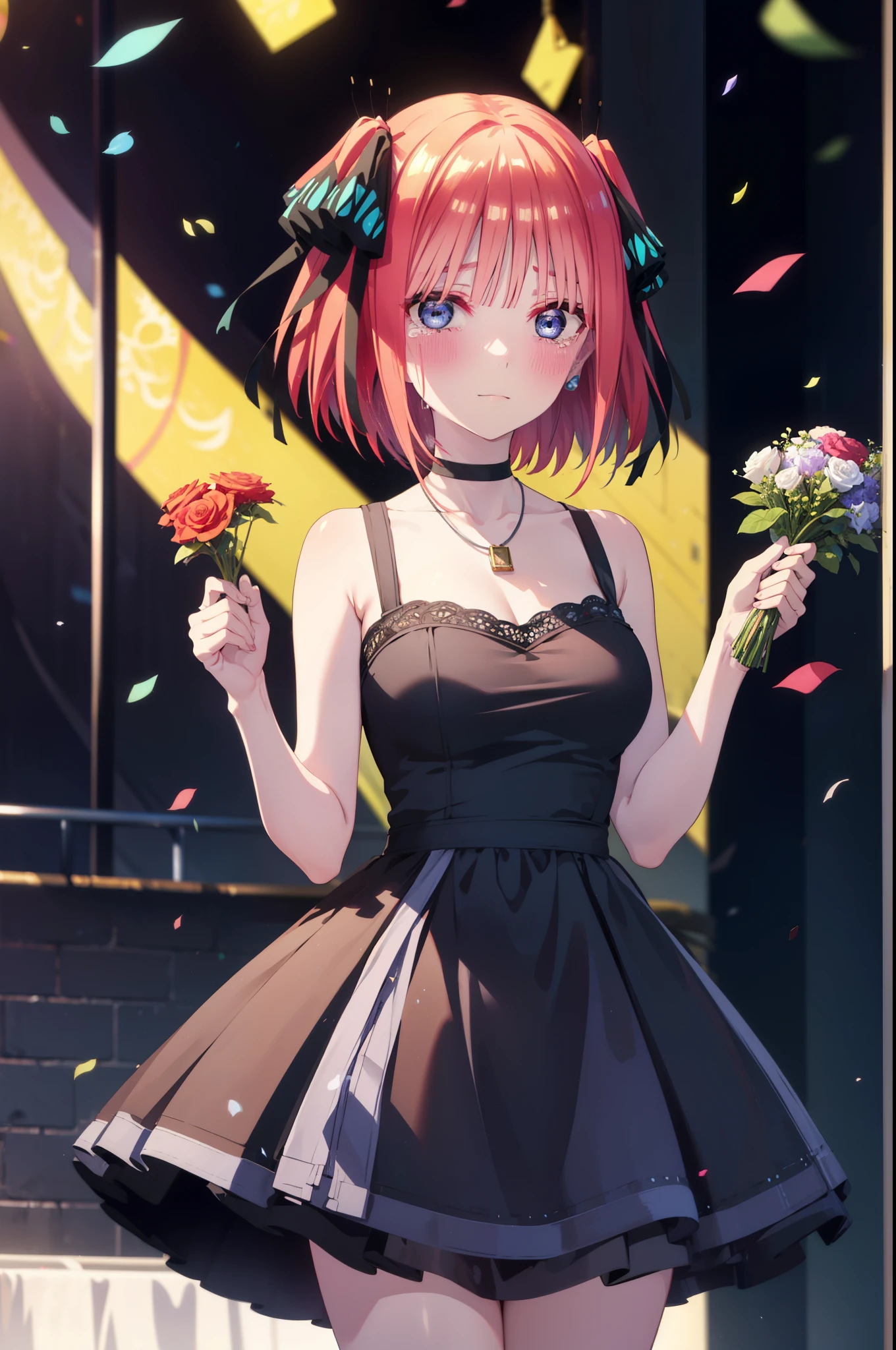I was silent, Nino Nakano, short hair, bangs, blue eyes, hair ornaments, Hair Ribbon, Pink Hair, blunt bangs, Both sides up, butterfly hair ornaments,smile,blush,Black sleeveless dress,Long skirt,Black Pin Heels,Bare arms,Bare arms,Bare neck,bare clavicle,holding a large bouquet of flowers in each hand,Locket Necklace,Confetti,There is a birthday cake on the table,Tears stream down her face,Sad and crying,I cry a lot,It's as if your whole body is in the illustration.,
break indoors, on stage,venue,
break looking at viewer, (Cowboy Shot:1.5),
break (masterpiece:1.2), highest quality, High resolution, unity 8k wallpaper, (shape:0.8), (Beautiful details:1.6), Highly detailed face, Perfect lighting, Highly detailed CG, (Perfect hands, Perfect Anatomy),