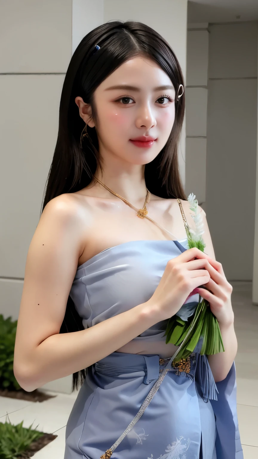 Close-up of woman with flowers in her hair, beautiful south korean women,หญิงKorean girlที่งดงาม, Korean girl, ใบหน้าKorean girlที่น่ารัก, Thai dress, Thai temple, standing holding hands, ((Hair clips))