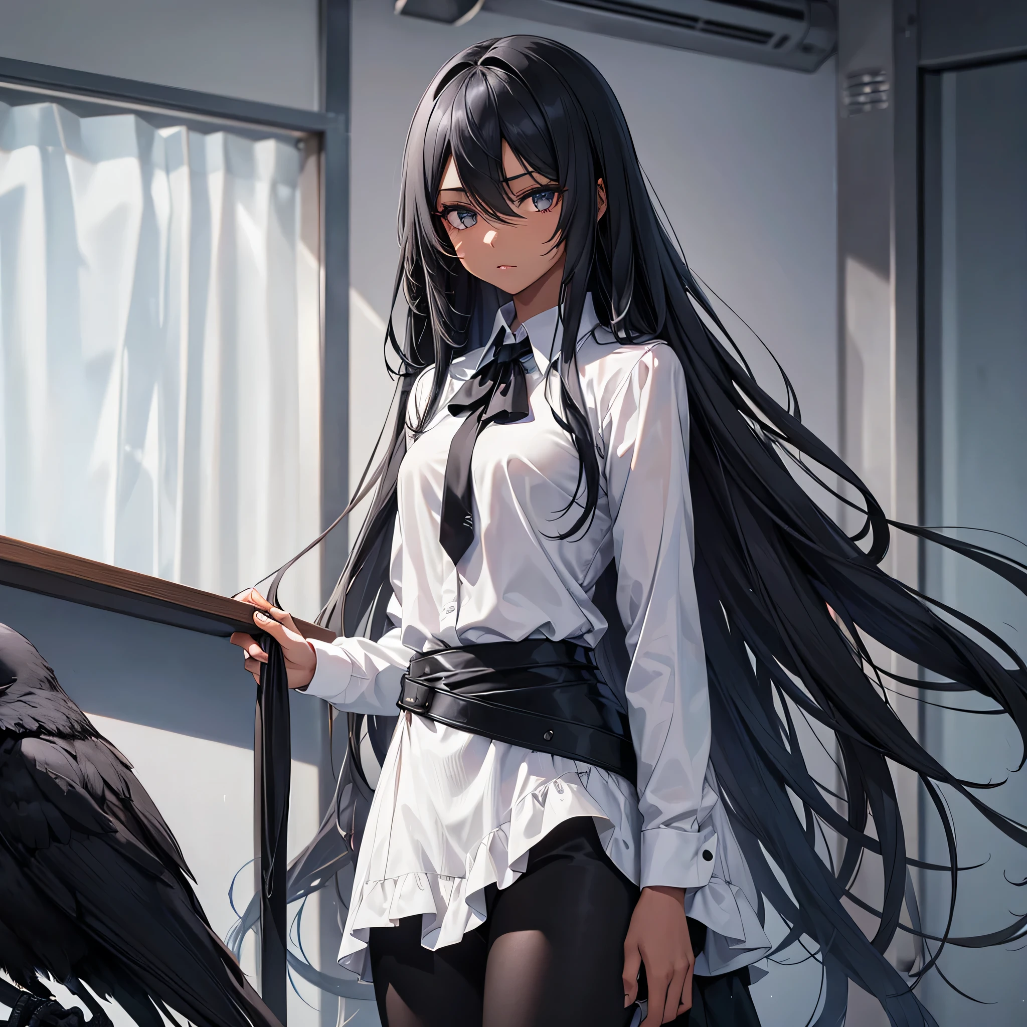 Black skin. woman. Gray sharp eyes. Long straight hair. Crow on her sholder. Formal shirt.