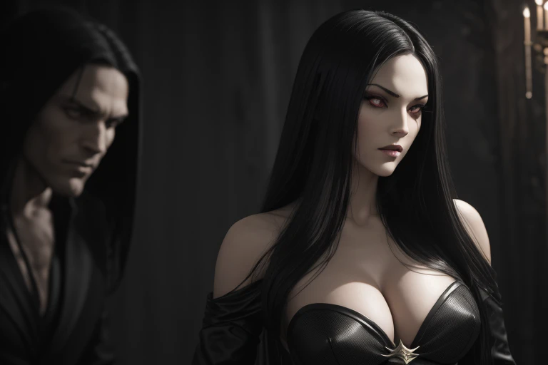 masterpiece, Ultra realistic, 16k, high quality, incredibly detailed, nightmare aesthetic, nightmare atmosphere, cinematic, work of art, (sharp focus: 1.5), (photorealistic: 1.3), featured (Beautiful girl), a captivating image of a vampire (girl) that combines allure and mystique. Tall and gorgeous, goth makeup. A vampire from within the confines of a dark gothic castle. Its appearance is both seductive and sinister, a seductive incarnation of the night. Long pale-obsidian Messy hair, framing her pale, alabaster skin that seems to glow ethereally. Her attire is gothic, a perfect fusion of dark allure and a figure-hugging silhouette that highlights her voluptuous form. Red eyes (evil eyes look), her eyes are like red orbs of intense of sinister light. The vampire's sharp fangs, gleaming against his ivory complexion, hint at his predatory nature and his otherworldly beauty. realistic skin texture, pale-white skin illuminated. realistic perfect shading. absurdres, realistic textures. solo, alone, 1girl. tall. looking at viewer. female muscular body, toned body, defined muscles. realistic natural breasts, cleavage. pantyhose, (a black) darkness queen dress adorned in gold (realistic texture). Different positions at different angles. Night background. unbelievably real, best quality, Photorealistic.