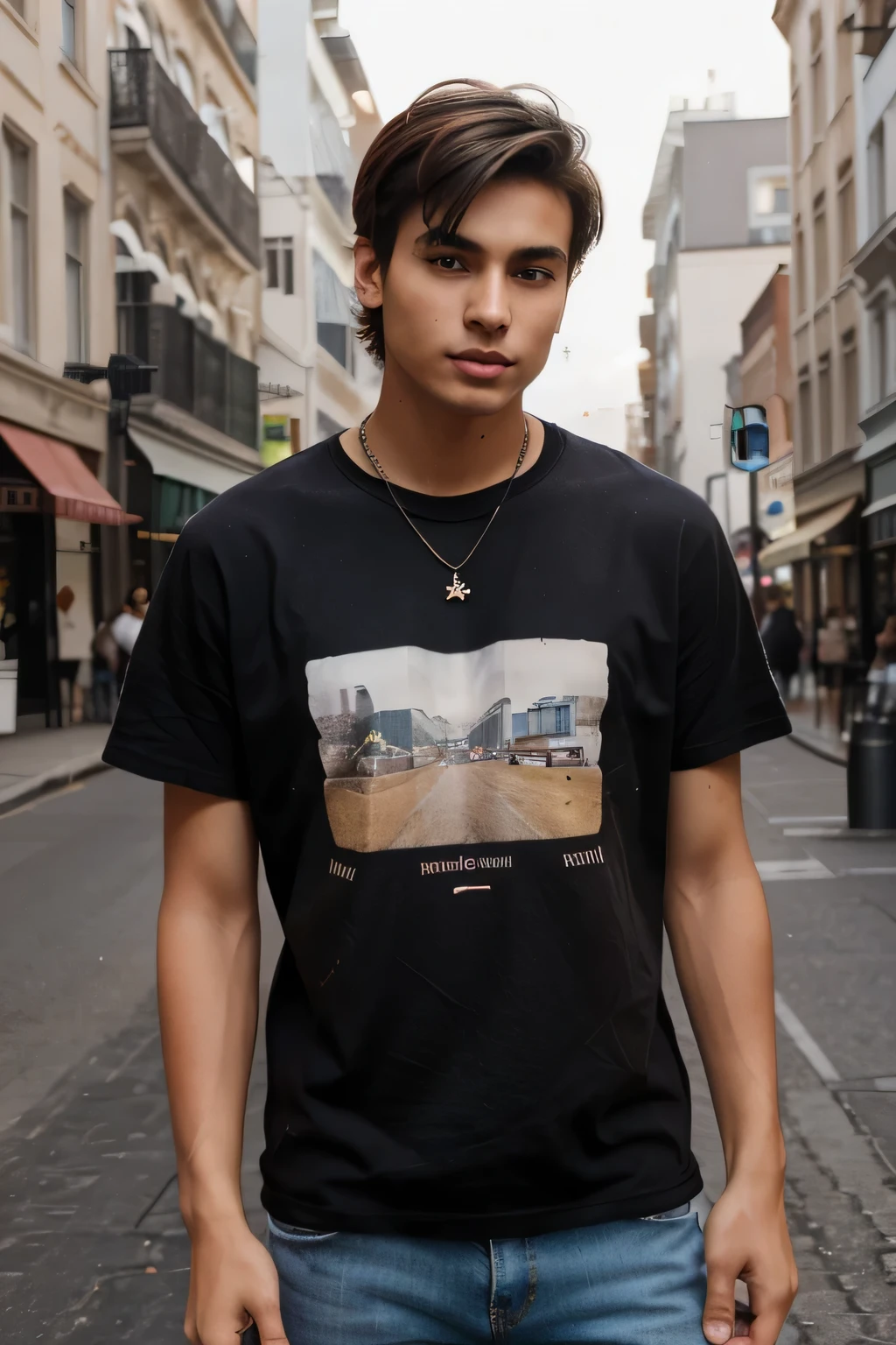 Create a digital portrait of a young, dark-haired influencer, around 20 years old. He has dark brown hair, styled in a modern and trendy way, perhaps with a messy fringe. His face is angular, with a strong jawline and full lips. He has expressive brown eyes, maybe with a slight sparkle of confidence and charisma. His skin is of a tan complexion, with a healthy glow and no noticeable imperfections. He wears fashionable clothes, maybe a trendy t-shirt, reflecting his unique style. In the background, there may be elements suggesting his influencer lifestyle, such as cameras, smartphones, or settings reminiscent of popular social media locations. The lighting should be vibrant and modern, highlighting his youthful and confident energy.