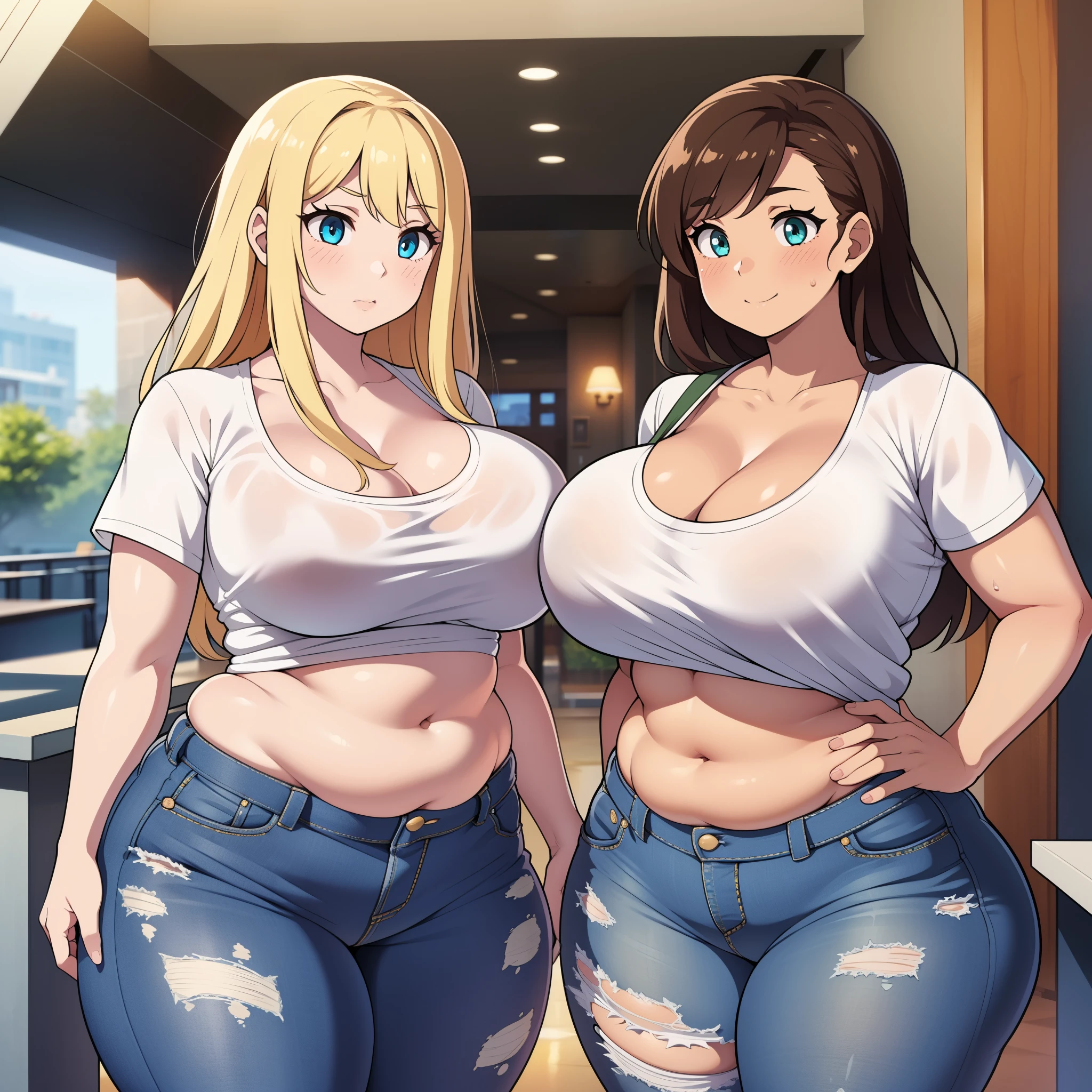 ((highres)), Masterpiece, high quality, best quality, beautiful, perfect lighting, detailed face, ultra cute face, ((2girls)), blush, one girl has blonde hair, blue eyes, crop top and shorts, one girl has brown hair, green eyes, jeans, white shirt, fast food restaurant, cleavage, medium breasts, ((wide hips)), (thick thighs), ((chubby)), chubby belly, belly grab, fat folds, standing next to each other,