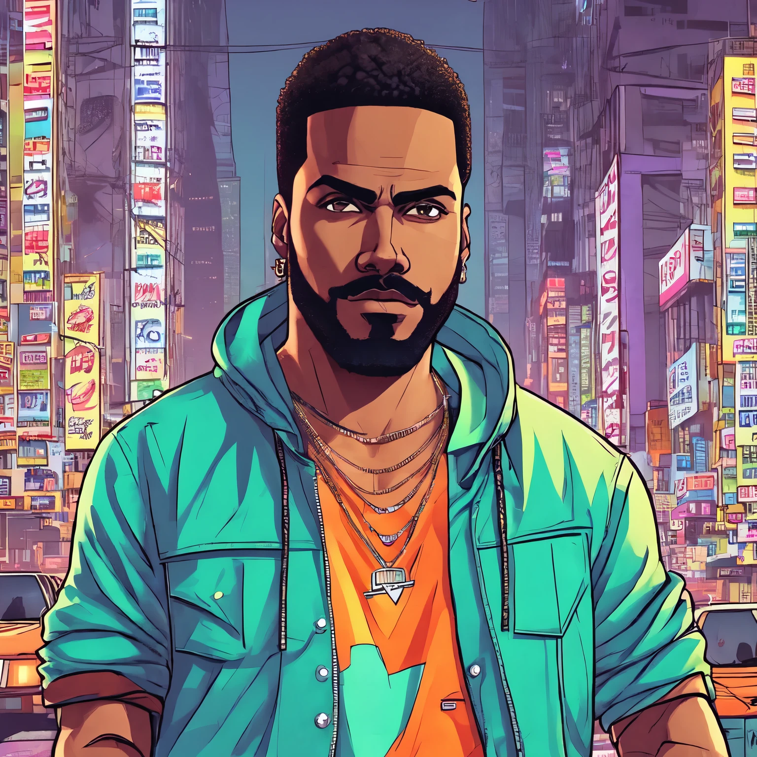 1 homem ,Arte estilo GTA ,(Jovens:1.5),illustration, arte digital, (estilo GTA:1.5),Estilo de arte do GTA, Arte GTA cores brilhantes, (estilo de desenho animado:1.2),(hiperdetalhe:1.15), estilo glamoroso, melhor qualidade, Holistic, alto detalhe, serious,against a large night metropolis, ((Neon lighting)), ((ciberpunk)),luz suave,satirical,Exagerado,estilo pop art,cores vibrantes,iconic characters,full of action,((The background is a red orange city:1)),sol, Coqueirosbarco