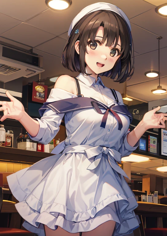 Mirai Kasuga, (highest quality, 8k, masterpiece, Very detailed:1.2), (Lens flare, Particles of light, Shine), Big Breasts, smile, Open your mouth, masterpiece, highest quality, Very detailed, High resolution, Very detailedなCG, (Official Art), Off the shoulder, waitress, (Embarrassing:1.1), (blush:1.2), Open your mouth, (shout:1.1), (Moving lines:1.1), blue sky, family restaurant, Cowboy Shot