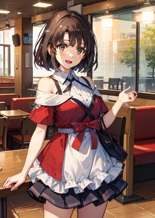 Mirai Kasuga, (highest quality, 8k, masterpiece, Very detailed:1.2), (Lens flare, Particles of light, Shine), Big Breasts, smile, Open your mouth, masterpiece, highest quality, Very detailed, High resolution, Very detailedなCG, (Official Art), Off the shoulder, waitress, (Embarrassing:1.1), (blush:1.2), Open your mouth, (shout:1.1), (Moving lines:1.1), blue sky, family restaurant, Cowboy Shot