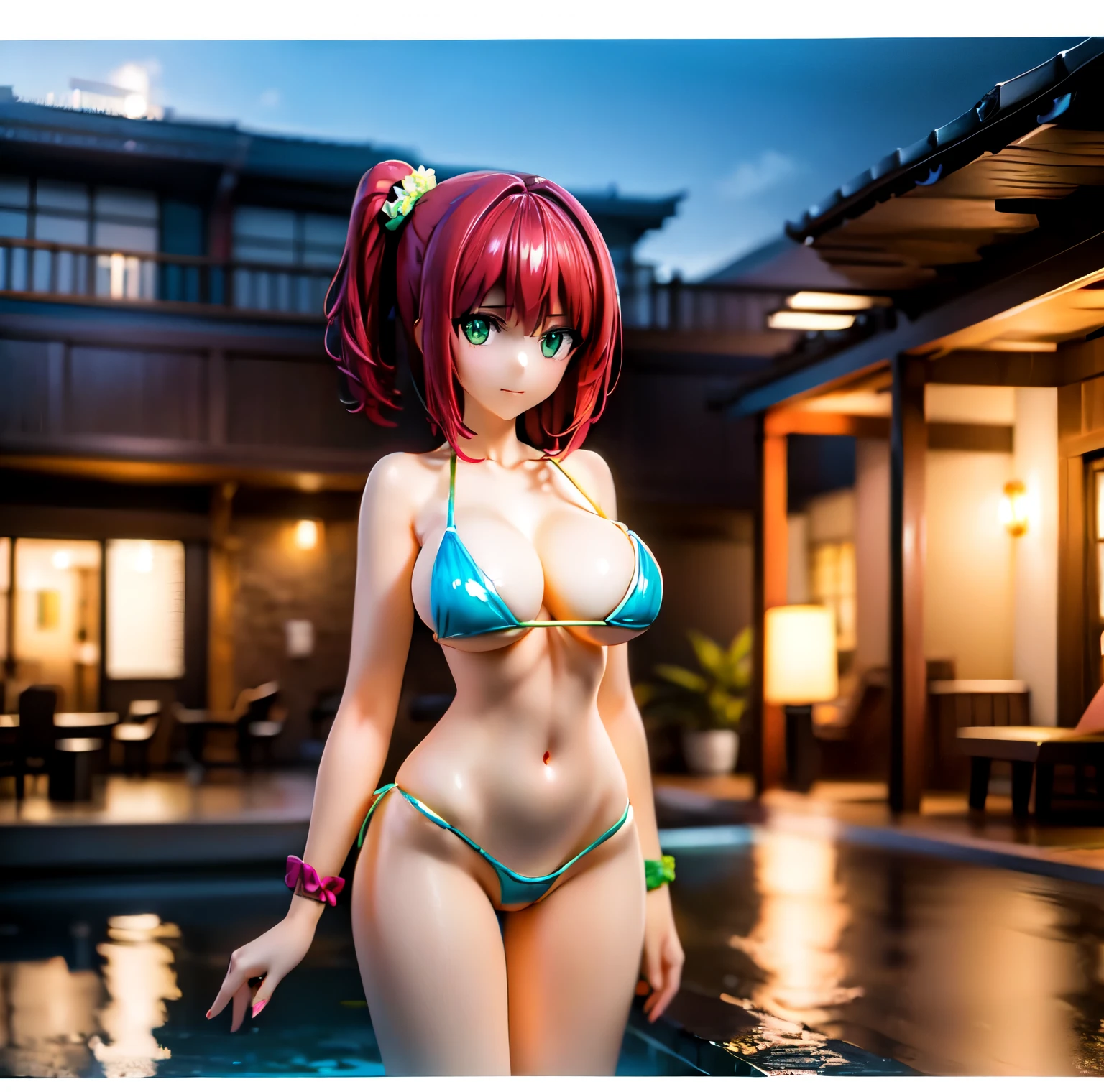 best quality, masterpiece, extremely detailed CG, official art , professional lighting, sakimiya iruka, red hair, green eyes,(one side up), medium hair, side ponytail, green scrunchie, hair ornament, shiny skin, micro bikini, cameltoe, groin, wet, cowboy shot