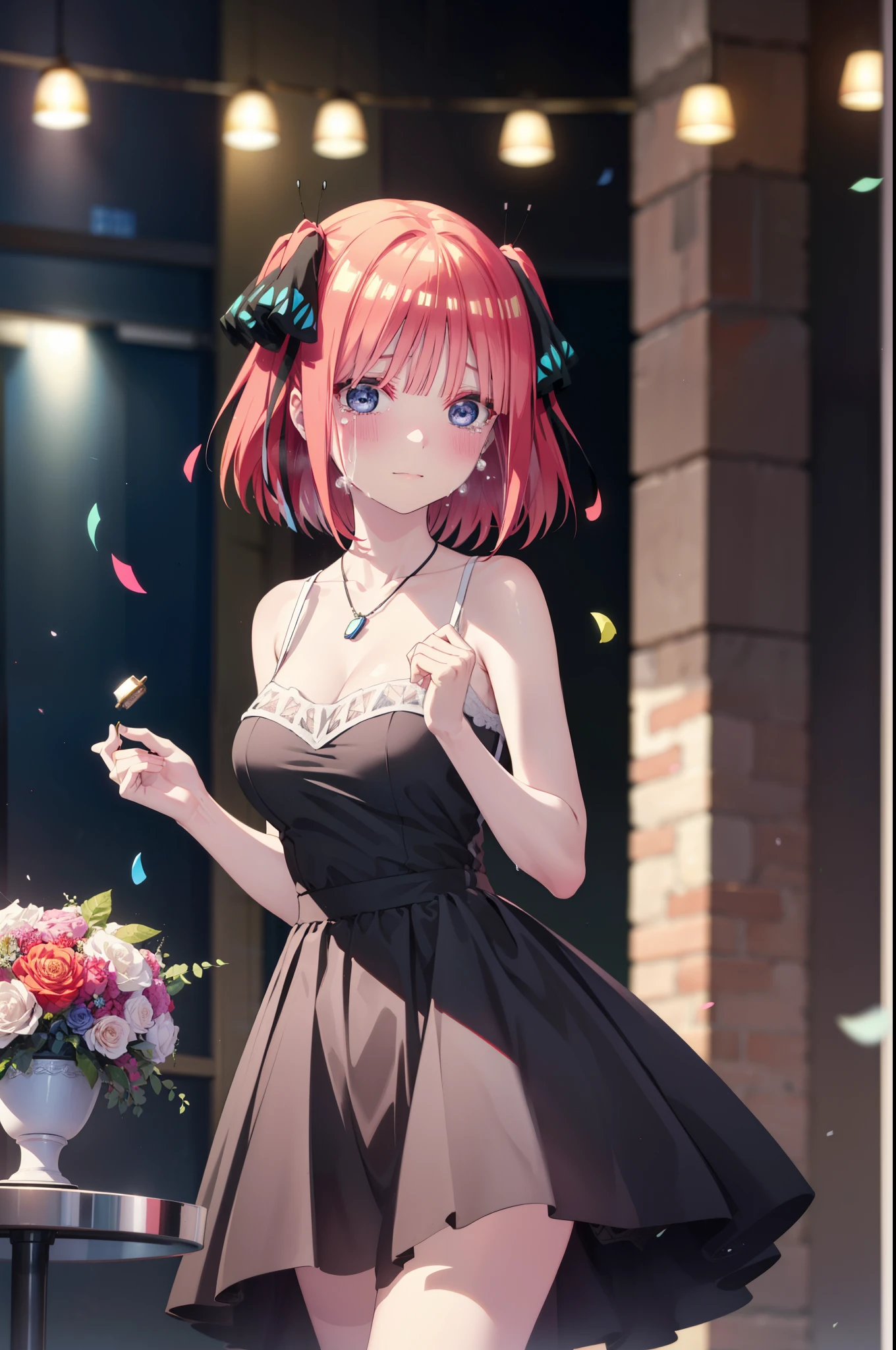 I was silent, Nino Nakano, short hair, bangs, blue eyes, hair ornaments, Hair Ribbon, Pink Hair, blunt bangs, Both sides up, butterfly hair ornaments,smile,blush,Black sleeveless dress,Long skirt,Black Pin Heels,Bare arms,Bare arms,Bare neck,bare clavicle,holding a large bouquet of flowers in each hand,Locket Necklace,Confetti,There is a birthday cake on the table,Tears stream down her face,Sad and crying,I cry a lot,It's as if your whole body is in the illustration.,
break indoors, on stage,venue,
break looking at viewer, (Cowboy Shot:1.5),
break (masterpiece:1.2), highest quality, High resolution, unity 8k wallpaper, (shape:0.8), (Beautiful details:1.6), Highly detailed face, Perfect lighting, Highly detailed CG, (Perfect hands, Perfect Anatomy),