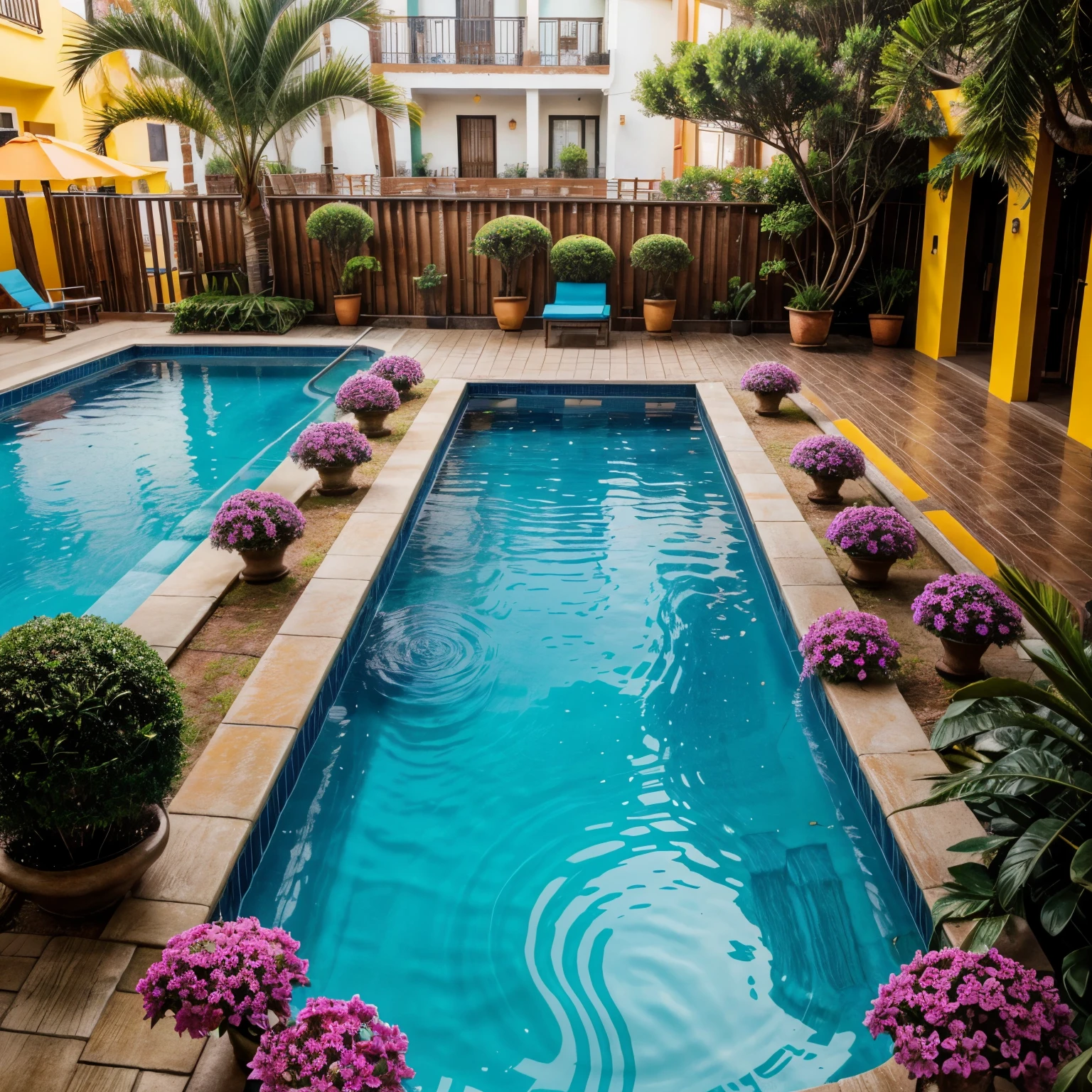 Create a hotel area with pools, camillas de descanso decorada con todo de alebrijez, colores vibrantes y de lujo