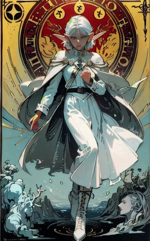 (Full body shot:1.3), darkest_Diffusion, (girl, 1 beautiful face, adult, (tired, sad),skinny, fragile, Thin, medium breast:1.4),(White hair, bob haircut, ((delicate facial features)),),(White outfit, Red accents, Coat Assasin, Military jacket, boots, fantasy pants, Adventurer Costume:1.3),(yellow eyes:1.2),(using dark magic:1.4),(absurdity, a high resolution, ultra detailed), (elf:1.3), finely detailed eyes and a detailed face, fool \Tarot\, the bard, clown, symbolism, art, occult, Universal, Casting vision, Philosophical, iconography, numerology, Popularity, art, Alphonse Mucha