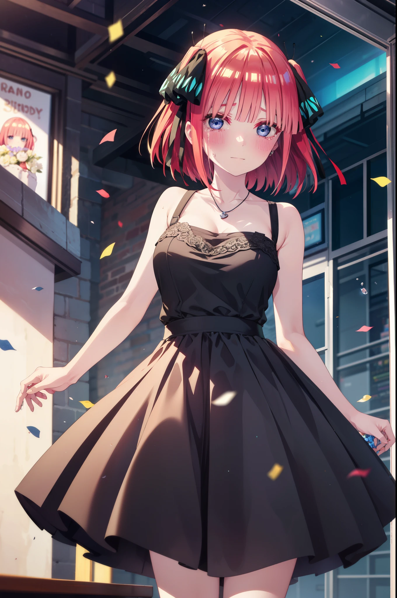 I was silent, Nino Nakano, short hair, bangs, blue eyes, hair ornaments, Hair Ribbon, Pink Hair, blunt bangs, Both sides up, butterfly hair ornaments,smile,blush,Black sleeveless dress,Long skirt,Black Pin Heels,Bare arms,Bare arms,Bare neck,bare clavicle,holding a large bouquet of flowers in each hand,Locket Necklace,Confetti,There is a birthday cake on the table,Tears stream down her face,Sad and crying,I cry a lot,It's as if your whole body is in the illustration.,
break indoors, on stage,venue,
break looking at viewer, (Cowboy Shot:1.5),
break (masterpiece:1.2), highest quality, High resolution, unity 8k wallpaper, (shape:0.8), (Beautiful details:1.6), Highly detailed face, Perfect lighting, Highly detailed CG, (Perfect hands, Perfect Anatomy),
