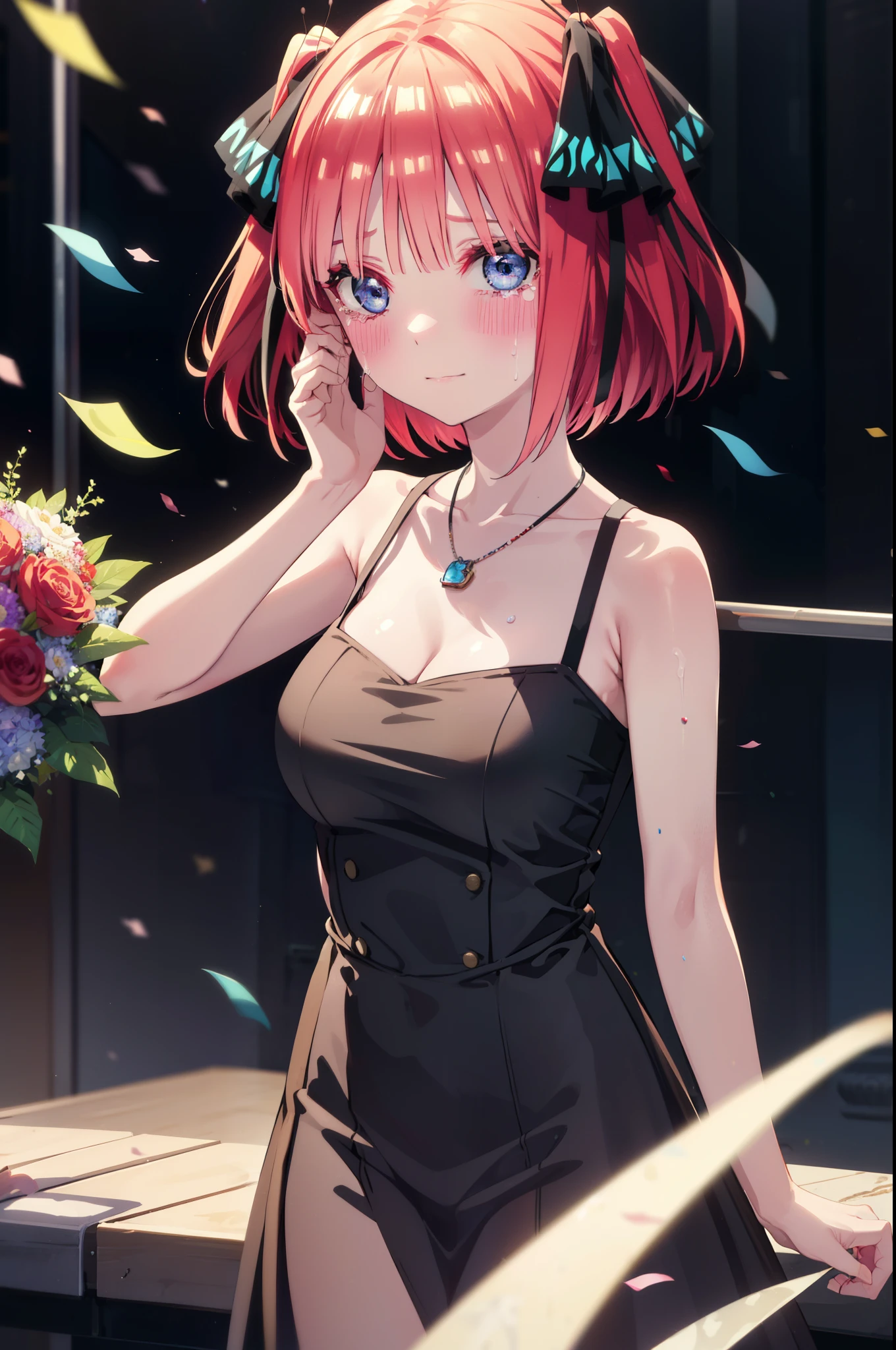 I was silent, Nino Nakano, short hair, bangs, blue eyes, hair ornaments, Hair Ribbon, Pink Hair, blunt bangs, Both sides up, butterfly hair ornaments,smile,blush,Black sleeveless dress,Long skirt,Black Pin Heels,Bare arms,Bare arms,Bare neck,bare clavicle,holding a large bouquet of flowers in each hand,Locket Necklace,Confetti,There is a birthday cake on the table,Tears stream down her face,Sad and crying,I cry a lot,It's as if your whole body is in the illustration.,
break indoors, on stage,venue,
break looking at viewer, (Cowboy Shot:1.5),
break (masterpiece:1.2), highest quality, High resolution, unity 8k wallpaper, (shape:0.8), (Beautiful details:1.6), Highly detailed face, Perfect lighting, Highly detailed CG, (Perfect hands, Perfect Anatomy),