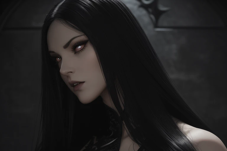 masterpiece, Ultra realistic, 16k, high quality, incredibly detailed, nightmare aesthetic, nightmare atmosphere, cinematic, work of art, (sharp focus: 1.5), (photorealistic: 1.3), featured (Beautiful girl), a captivating image of a vampire (girl) that combines allure and mystique. Tall and gorgeous, goth makeup. A vampire from within the confines of a dark gothic castle. Its appearance is both seductive and sinister, a seductive incarnation of the night. Long pale-obsidian Messy hair, framing her pale, alabaster skin that seems to glow ethereally. Her attire is gothic, a perfect fusion of dark allure and a figure-hugging silhouette that highlights her voluptuous form. Red eyes (evil eyes look), her eyes are like red orbs of intense of sinister light. The vampire's sharp fangs, gleaming against his ivory complexion, hint at his predatory nature and his otherworldly beauty. realistic skin texture, pale-white skin illuminated. realistic perfect shading. absurdres, realistic textures. solo, alone, 1girl. tall. looking at viewer. female muscular body, toned body, defined muscles. realistic natural breasts, cleavage. pantyhose, (a black) darkness queen dress adorned in gold (realistic texture). Different positions at different angles. Night background. unbelievably real, best quality, Photorealistic.