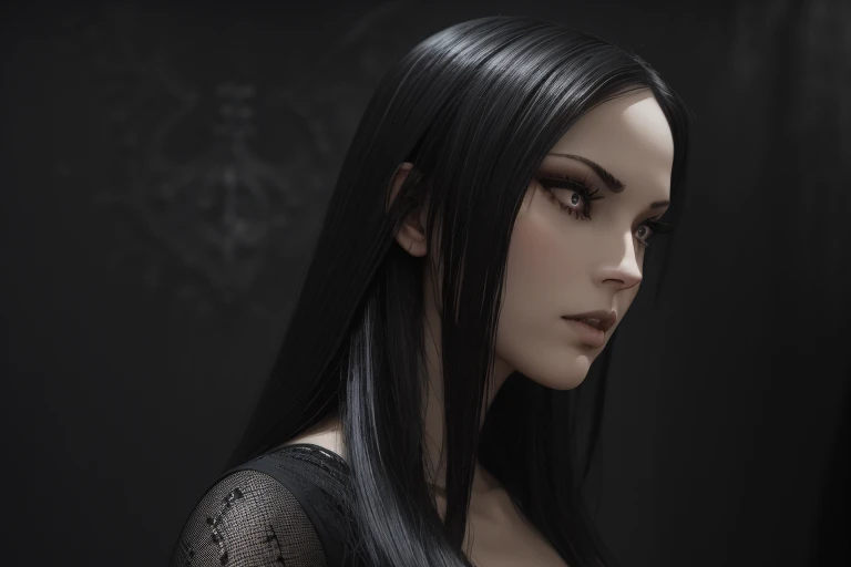 masterpiece, Ultra realistic, 16k, high quality, incredibly detailed, nightmare aesthetic, nightmare atmosphere, cinematic, work of art, (sharp focus: 1.5), (photorealistic: 1.3), featured (Beautiful girl), a captivating image of a vampire (girl) that combines allure and mystique. Tall and gorgeous, goth makeup. A vampire from within the confines of a dark gothic castle. Its appearance is both seductive and sinister, a seductive incarnation of the night. Long pale-obsidian Messy hair, framing her pale, alabaster skin that seems to glow ethereally. Her attire is gothic, a perfect fusion of dark allure and a figure-hugging silhouette that highlights her voluptuous form. Red eyes (evil eyes look), her eyes are like red orbs of intense of sinister light. The vampire's sharp fangs, gleaming against his ivory complexion, hint at his predatory nature and his otherworldly beauty. realistic skin texture, pale-white skin illuminated. realistic perfect shading. absurdres, realistic textures. solo, alone, 1girl. tall. looking at viewer. female muscular body, toned body, defined muscles. realistic natural breasts, cleavage. pantyhose, (a black) darkness queen dress adorned in gold (realistic texture). Different positions at different angles. Night background. unbelievably real, best quality, Photorealistic.