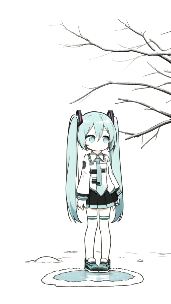 best quality, chibi, 1 girl, miku, Hatsune Miku, (full body), Pure white background,Vivid,clearly,sad face,rain,Walking,snow,Sitting